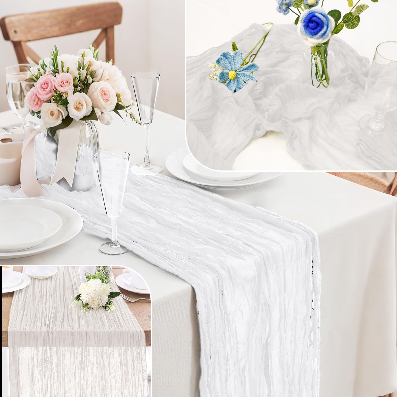 Lot de 10 chemins de table en étamine de style bohème rustique transparent pour mariage, fête prénuptiale, décoration de fête d'anniversaire, 3 m x 305 cm, blanc