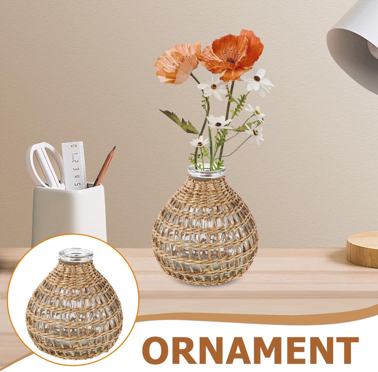 Vase with Rattan Cover, Handwoven Rattan Glass Bud Vase, Small Wicker Woven Cover Boho Floral Holder, Decorative Centerpiece for Flower Arrangements, Essential Oil Aromatherapy, Home Restaurant Decor