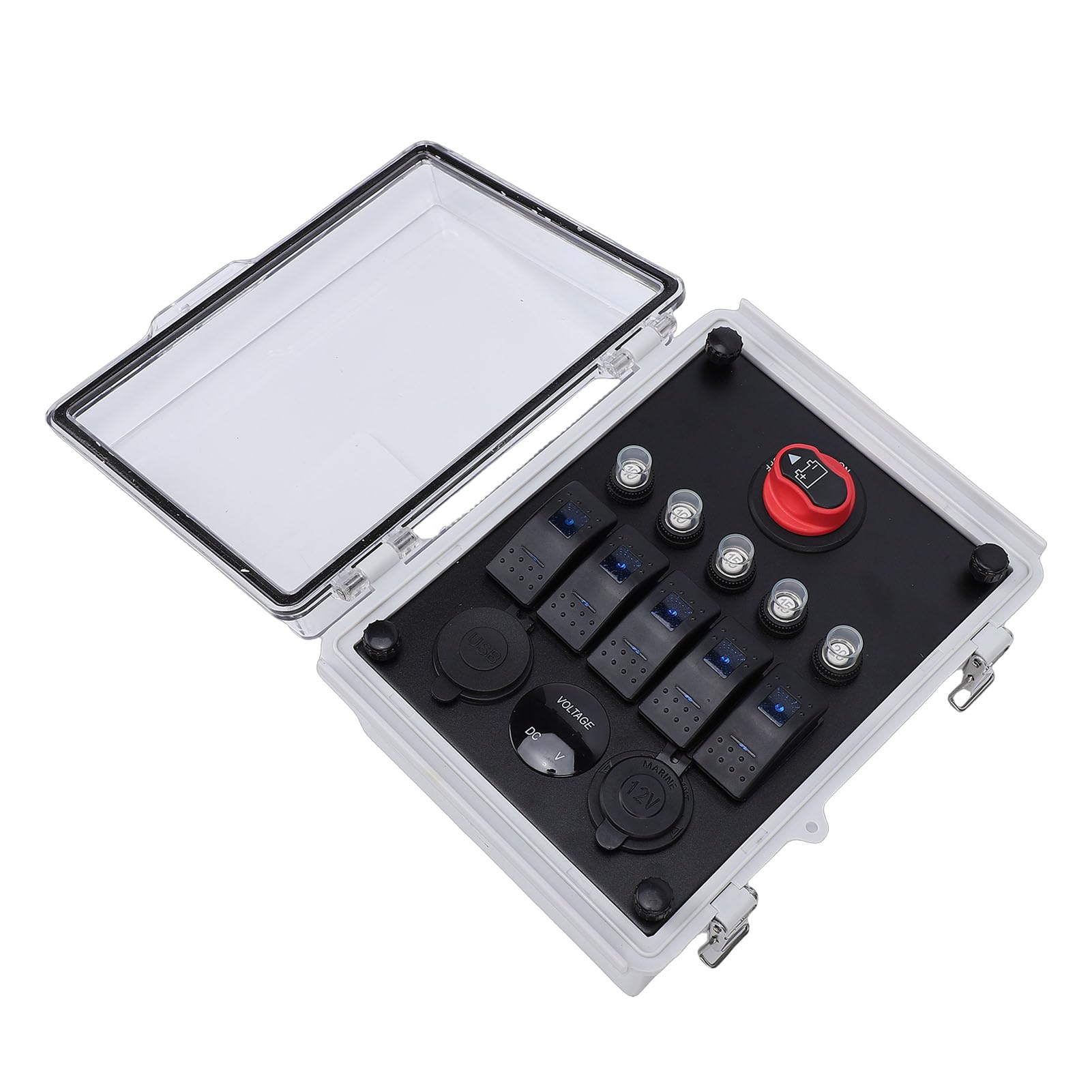 Caja de Interruptor Basculante de 5 Bandas con Enchufe de Encendedor para Camión RV ATV, Diseño a Prueba de Agua, Caja de Panel de Interruptor de Voltímetro LED, Material Plástico ABS,