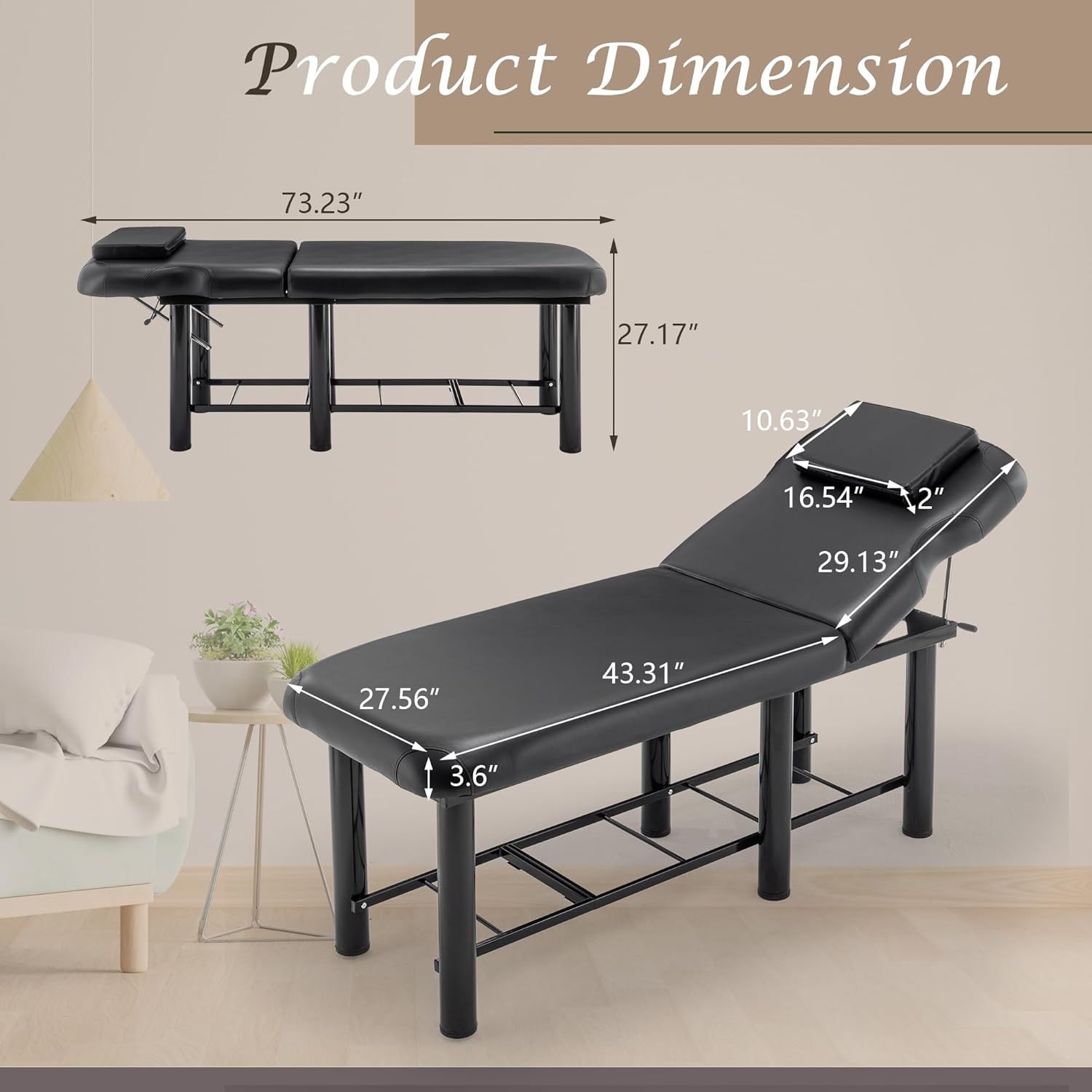Professional Massage Bed Stationary Adjustable Massage Table Spa Bed 73" x27.5” Physical Therapy Table with Memory Foam Salon Bed w/Removable Headrest Black