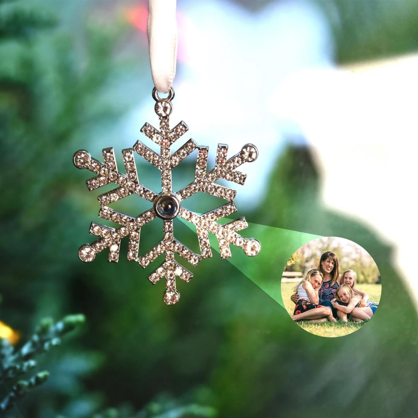 Adorno de imagen de proyección personalizado con copos de nieve de Navidad, adorno de Navidad personalizado, dije de foto personalizado (plateado)