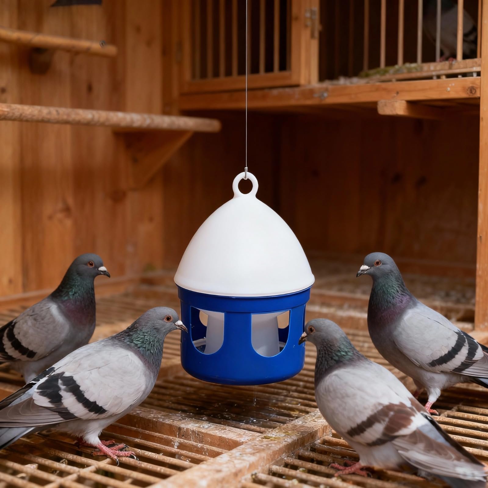 BOSREROY 2 dispensadores de agua para pájaros, 67 onzas, contenedor automático de agua para palomas de 2 litros con agujeros para beber, diseño fácil de limpiar, vista de nivel de agua azul, para uso