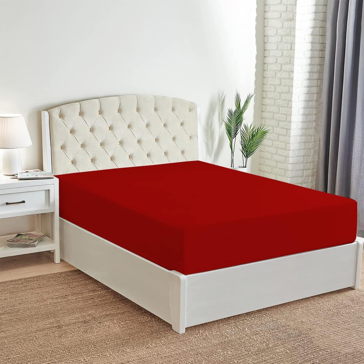 Deep Fitted Sheet 25cm - Plain Dyed Non Iron Polycotton Fitted Bed Sheet Mattress Cover - Elasticated Deep Pocket (King, Red)