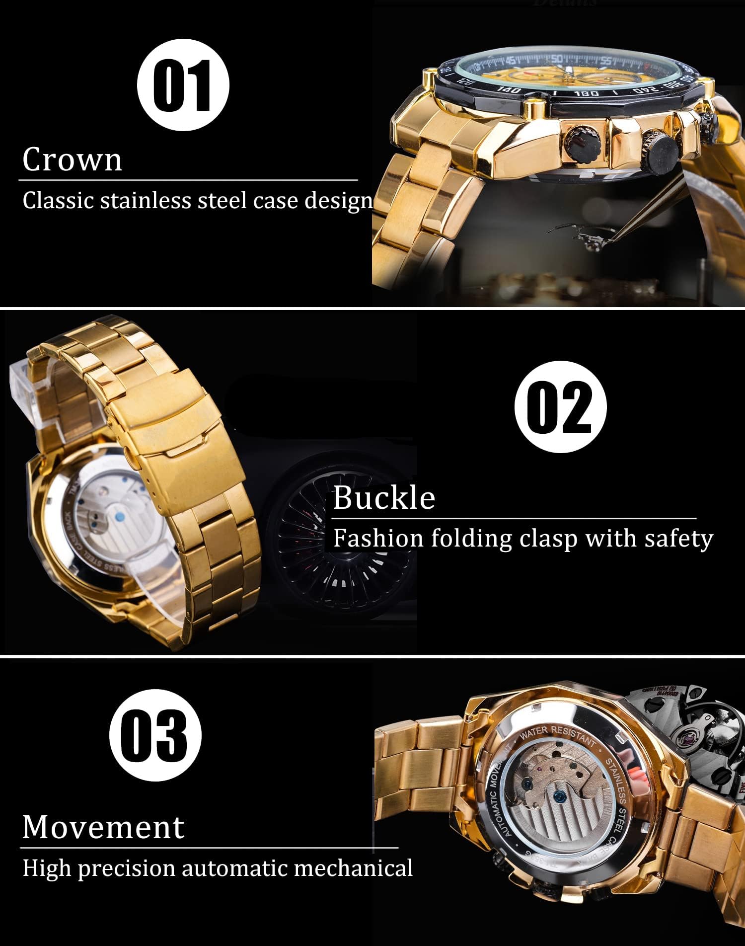 Forsining Tourbillon Herrenarmbanduhr, automatisch, mechanisch, selbstaufziehend, luxuriös, Mondphase, Edelstahl, 44 mm, großes schwarzes Zifferblatt, Goldfarben, Mechanisch