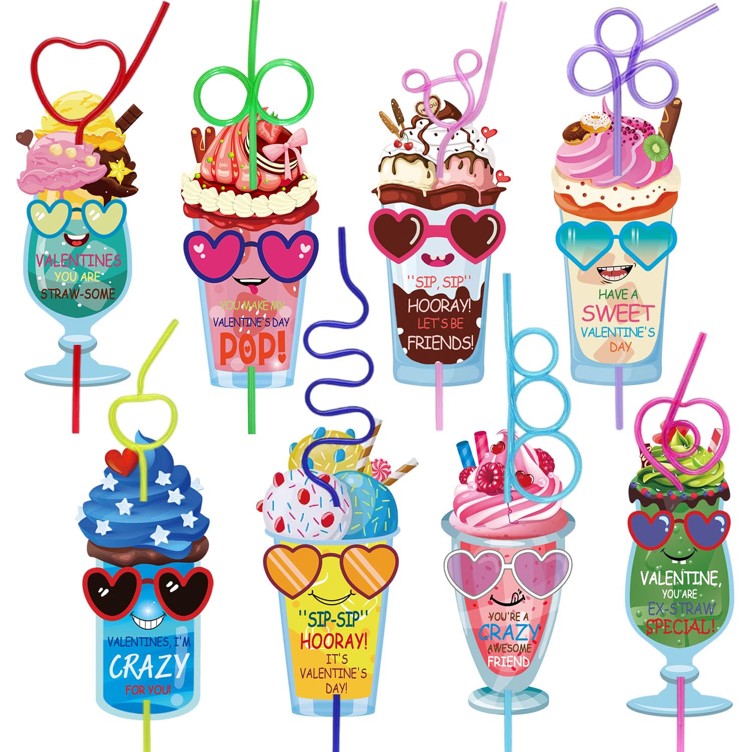 SNMEIKUN 32 Pack Valentines Day Gifts Cards for Kids School Classrom with Reusable Crazy Straws Valentine's Day Greeting Cards for Valentine Classroom
