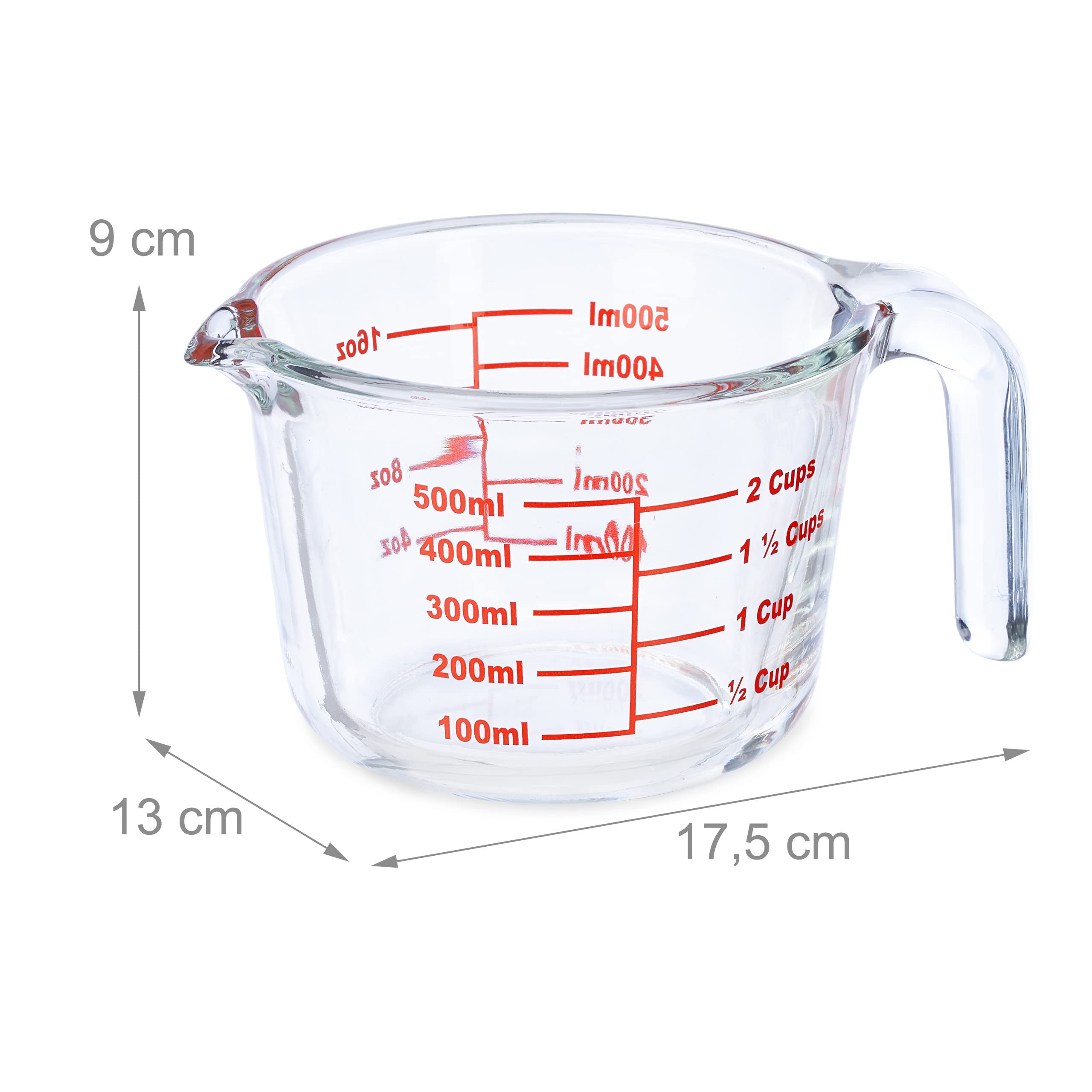 Relaxdays Miarka szklana, 500 ml, odporna na wysokie temperatury, nadaje się do kuchenki mikrofalowej, skala w mililitrach, kubki, oz, przezroczysta, czerwona, 9 x 13 x 17,5 cm