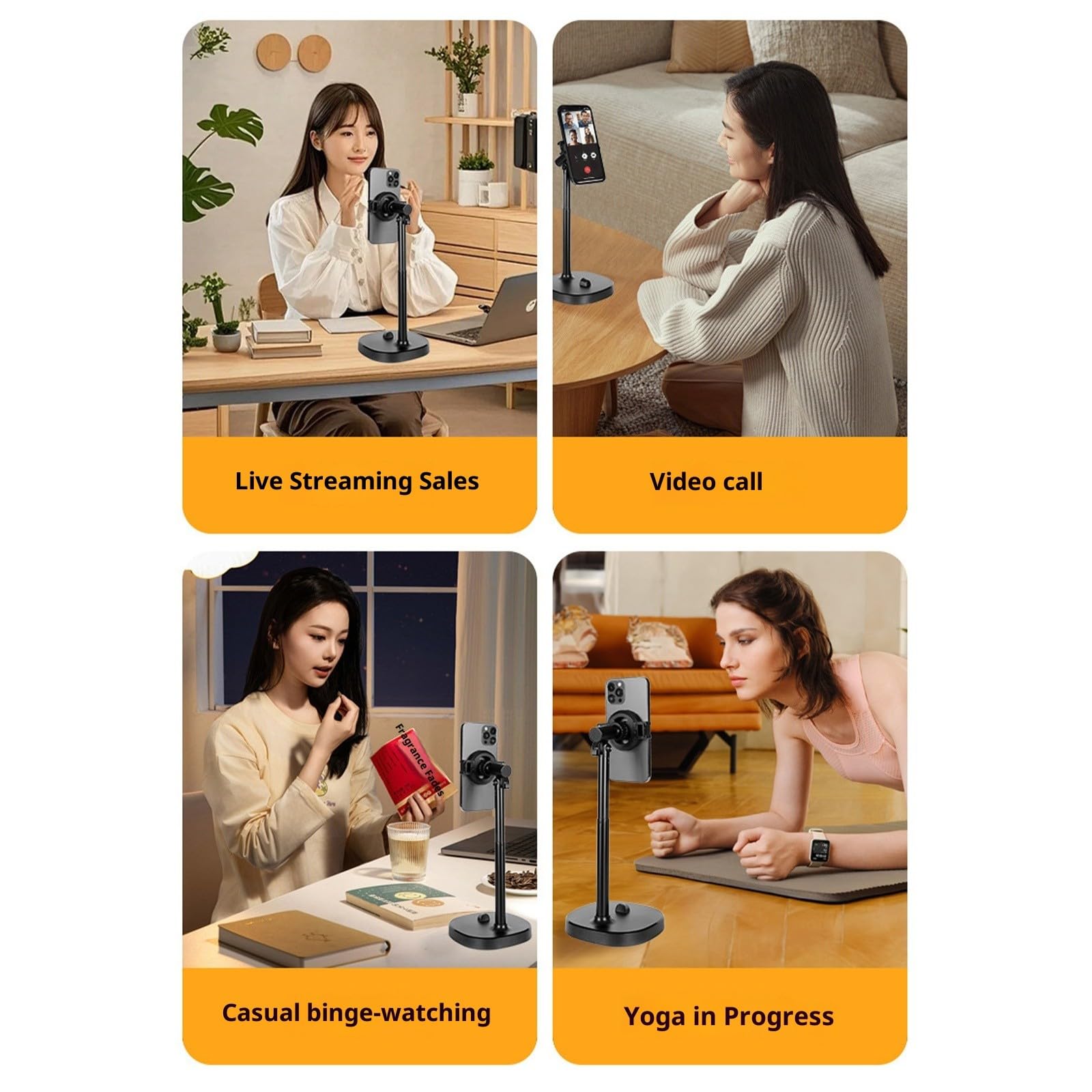 Supporto per telefono con morsetto, posizionamento multi-angolo per live streaming, registrazione video, corsi online e morsetto regolabile per telefono da scrivania