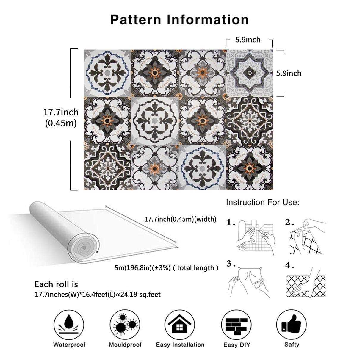 Orainege Bohemian Peel and Stick Wallpaper Backsplash 17.7inx196.8in