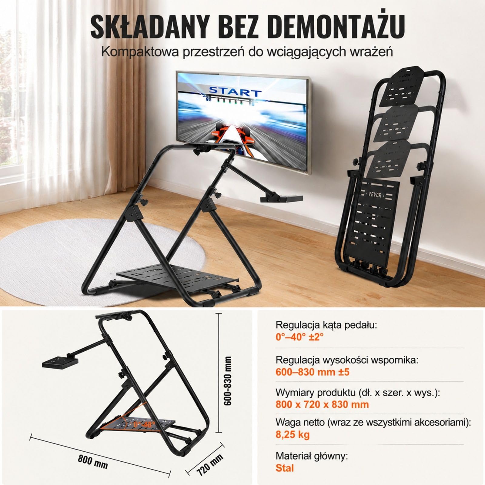 Stojak pod kierownicę do symulatora wyścigowego, regulowany kąt pedałów, rama ze stali węglowej, uchwyt dźwigni zmiany biegów, składana konstrukcja