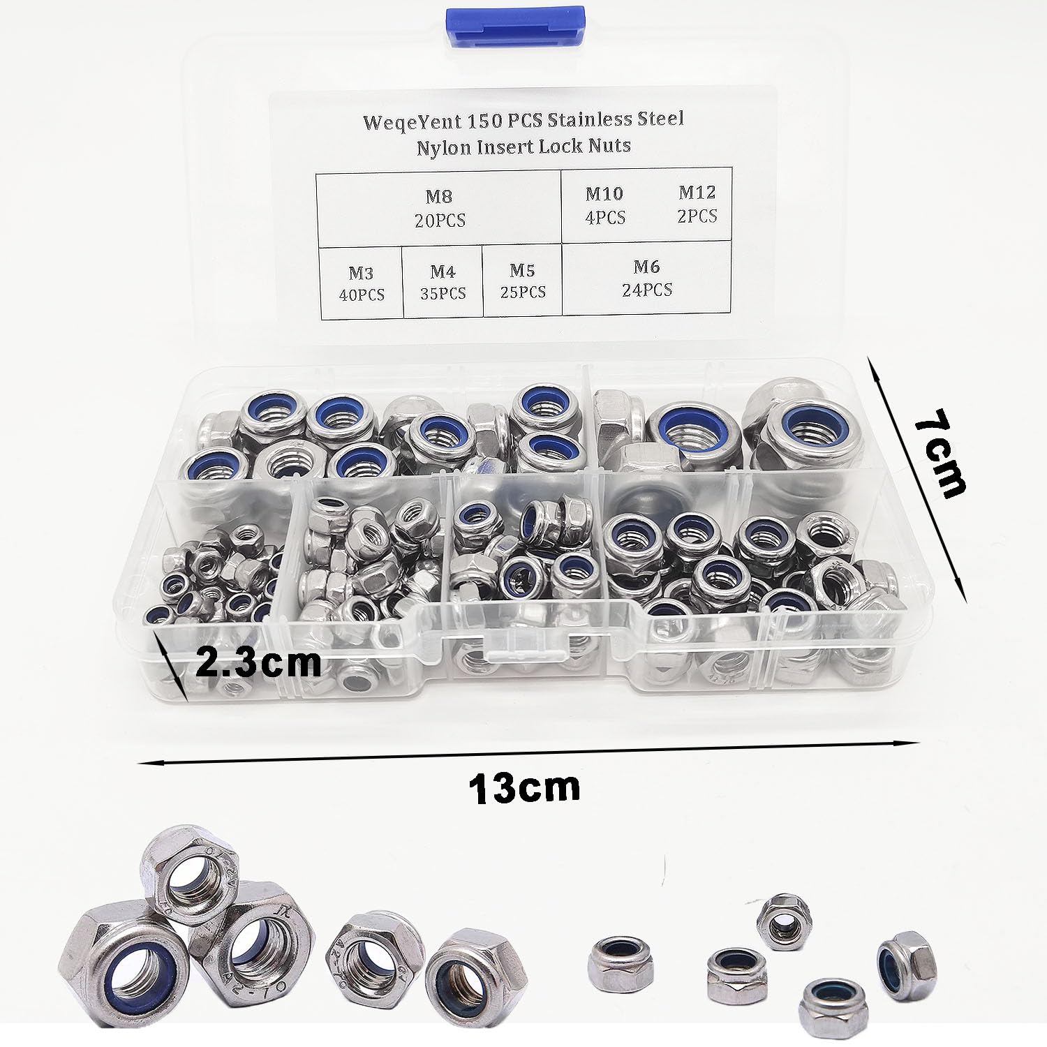 150 Dadi Autobloccanti M12/M10/M8/M6/M5/M4/M3, Dadi Bloccaggio in Acciaio Inox, Dadi esagonali con Parte di Bloccaggio in plastica nylon (Argento)