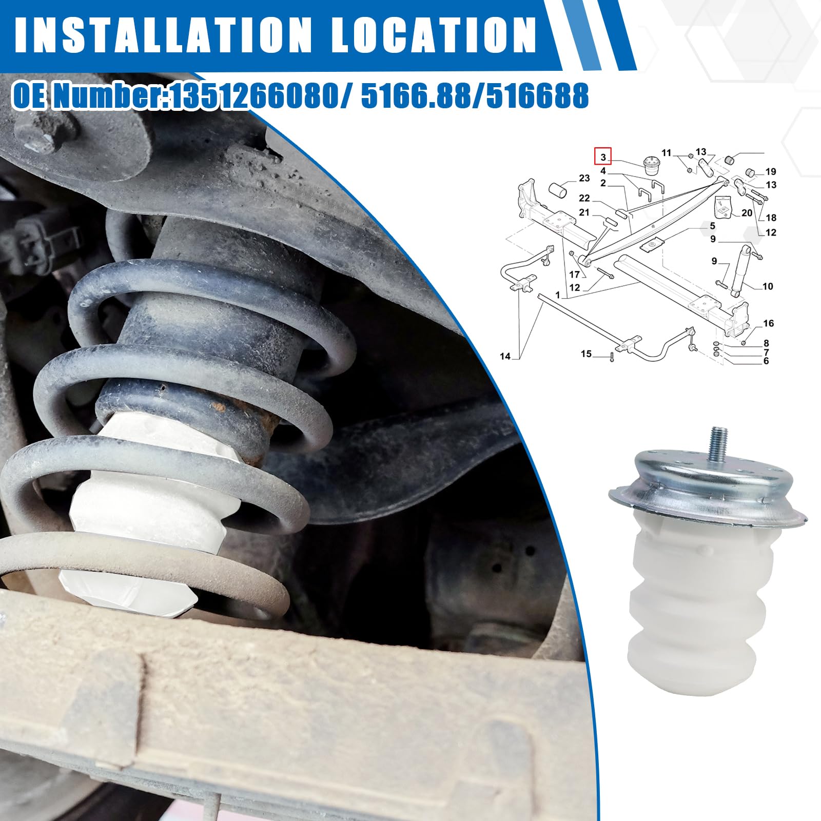 Limitatore Sospensione Cuscinetto Gomma Posteriore Compatibile con Citroen Jumper 250 Ducato 250 Boxer 250 1351266080 5166.88 516688