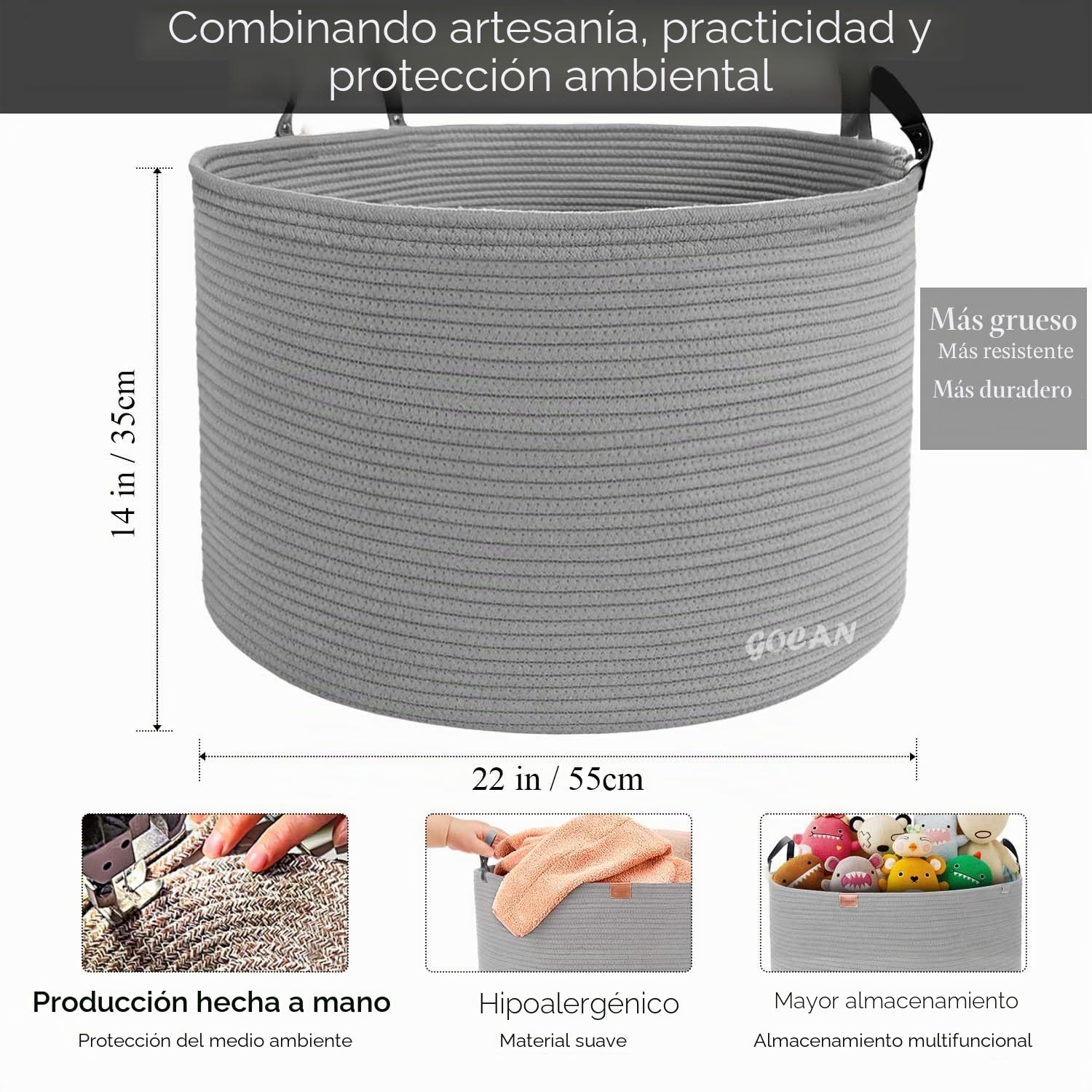 GOCAN - Cesta de almacenamiento extragrande tejida de cuerda de algodón con asas para ropa sucia, sala de estar, almacenamiento de juguetes, 55,88 cm x 55,88 cm x 35,56 cm, XXXL, gris