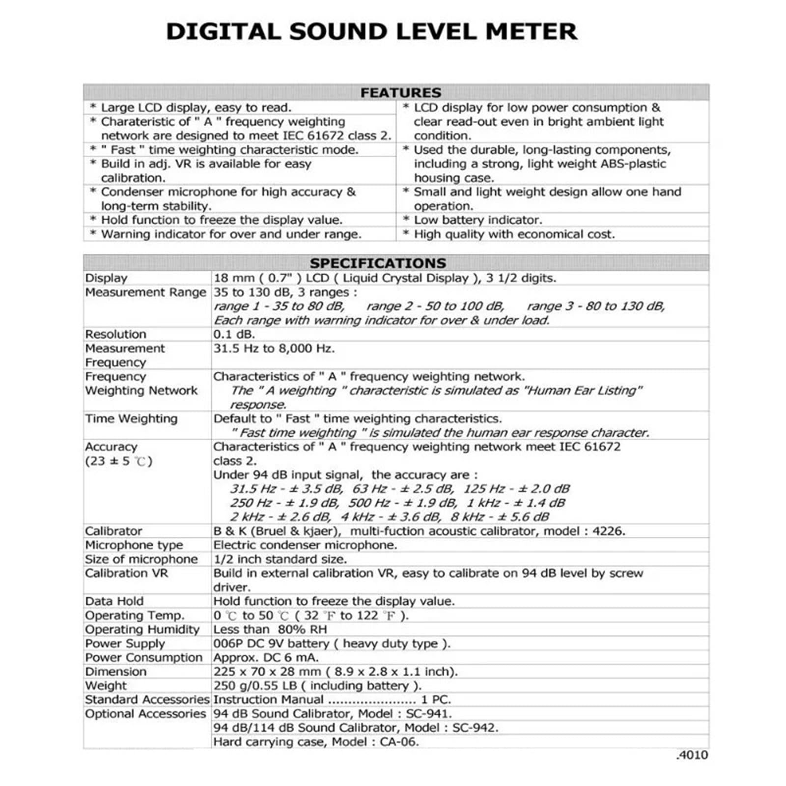 Fonometro, Misuratore di decibel sonori/misuratore di dB/misuratore del livello di rumore/misuratore del livello di rumore/dosimetro (intervallo: da 35 a 130 dB) insieme alla calibrazione C