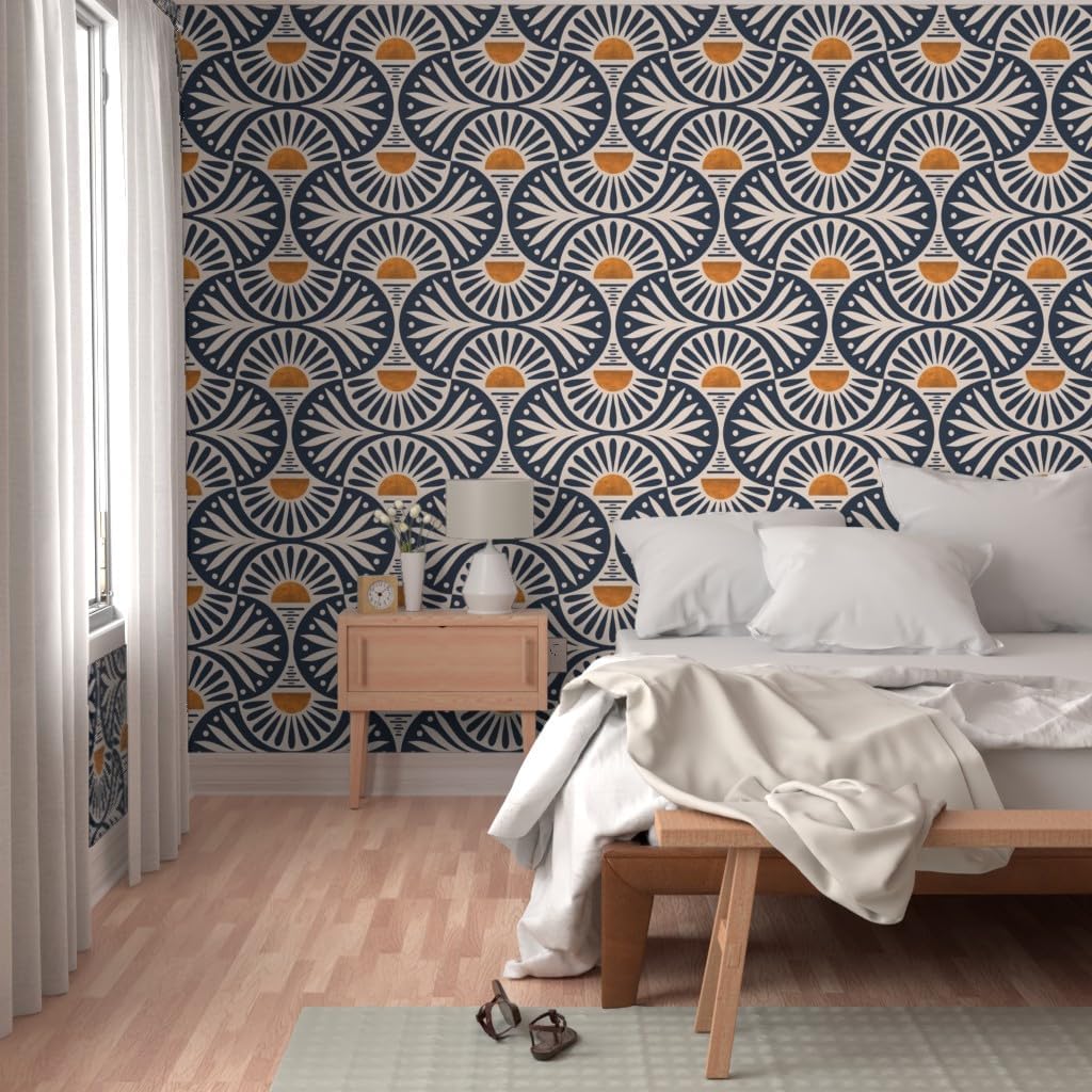 Spoonflower Removable Wallpaper 3ft x 2ft - Art Deco Boho Sunset Leaves Gold Geometric Navy Sun Custom Pre-Pasted Wallpaper
