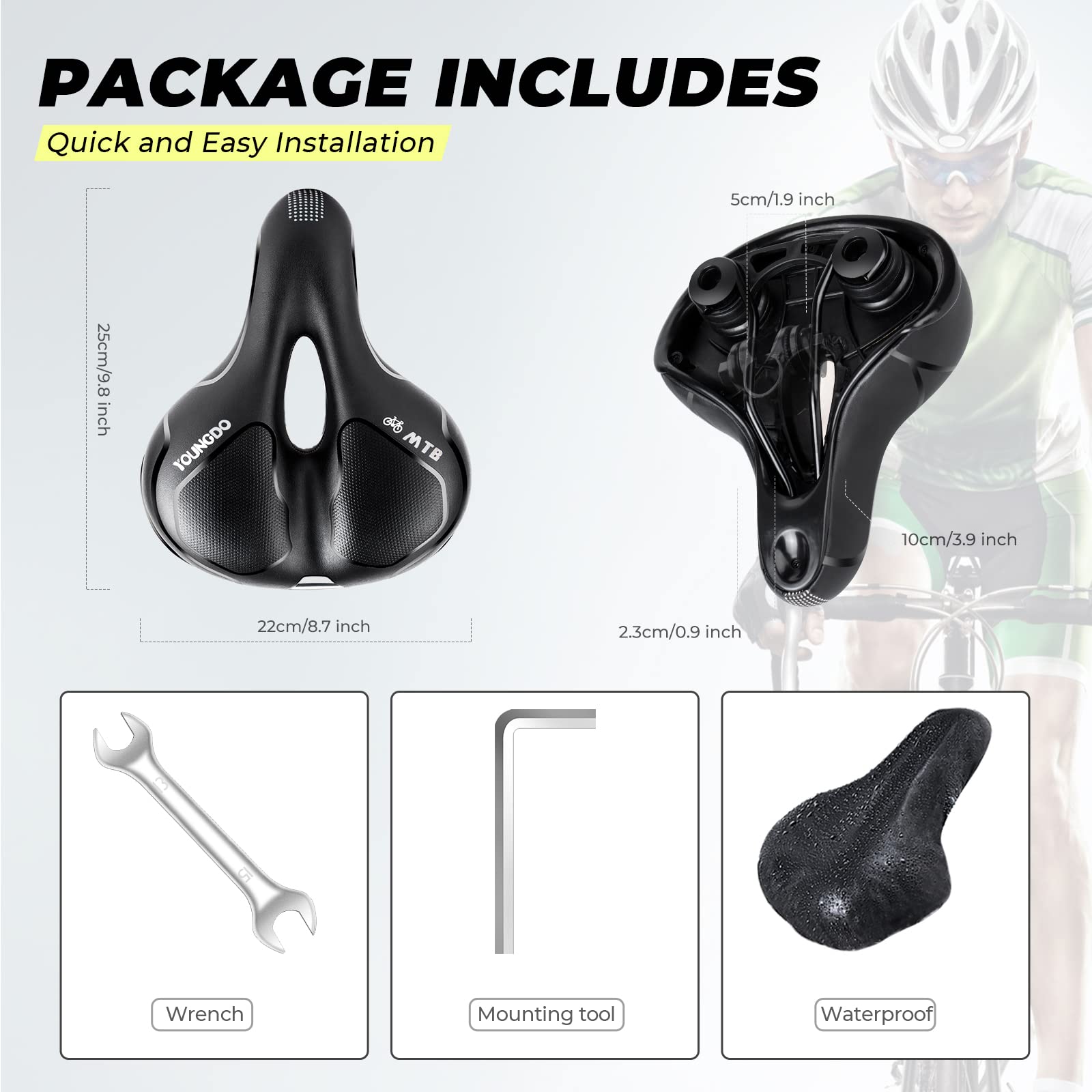 YOUNGDO Fahrradsattel, Gel Fahrradsitz, weicher, komfortabel atmungsaktiv stoßdämpfend, Ergonomisch Fahrrad Sattel mit wasserdichte Abdeckung