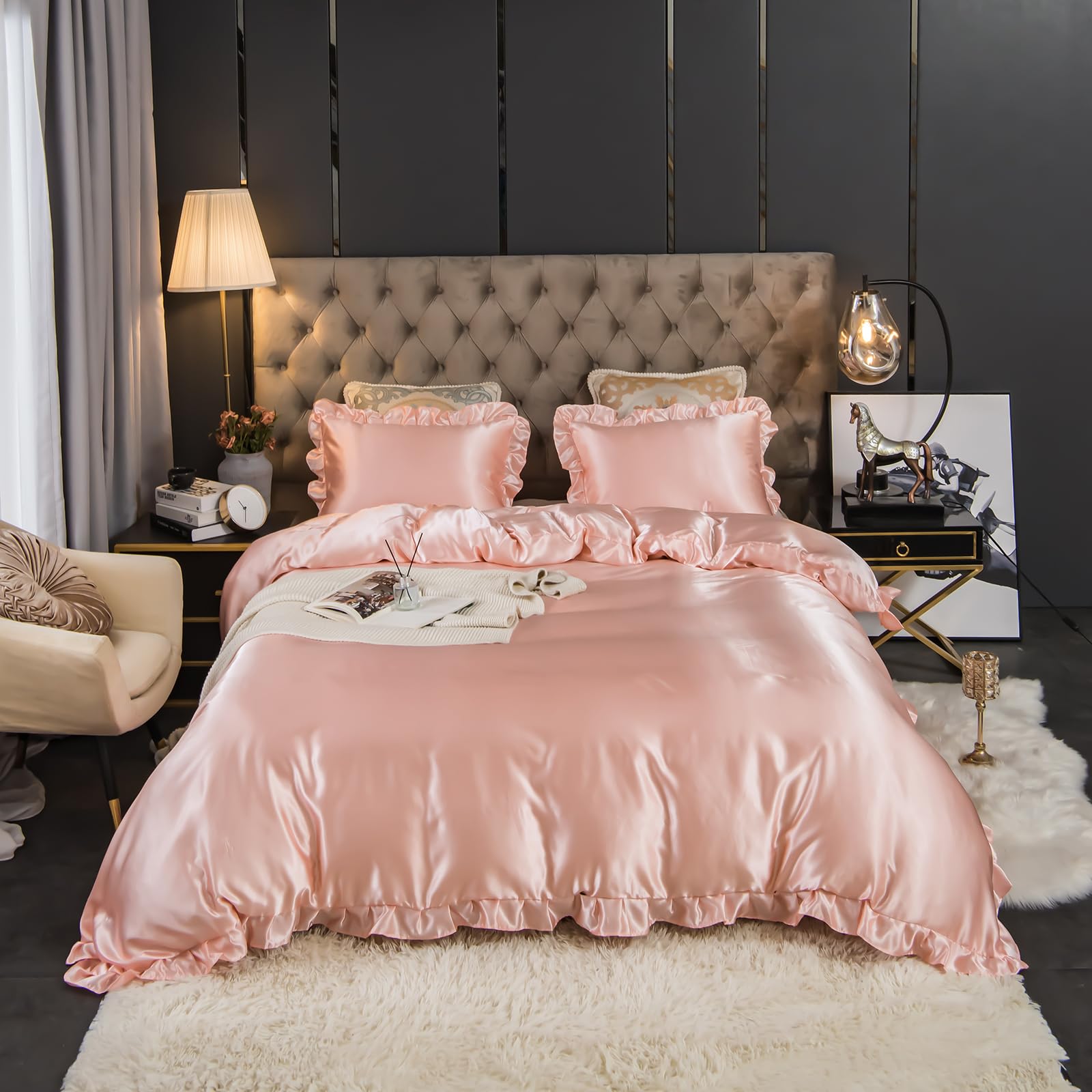 Herside Satin Duvet Cover Set Double Pink Silky Bedding Silk like Satin Ruffle Fringe Boho Ruffle Bedding Sets 1 Girls Duvet Cover 2 Pillowcases (Pink - Image 2