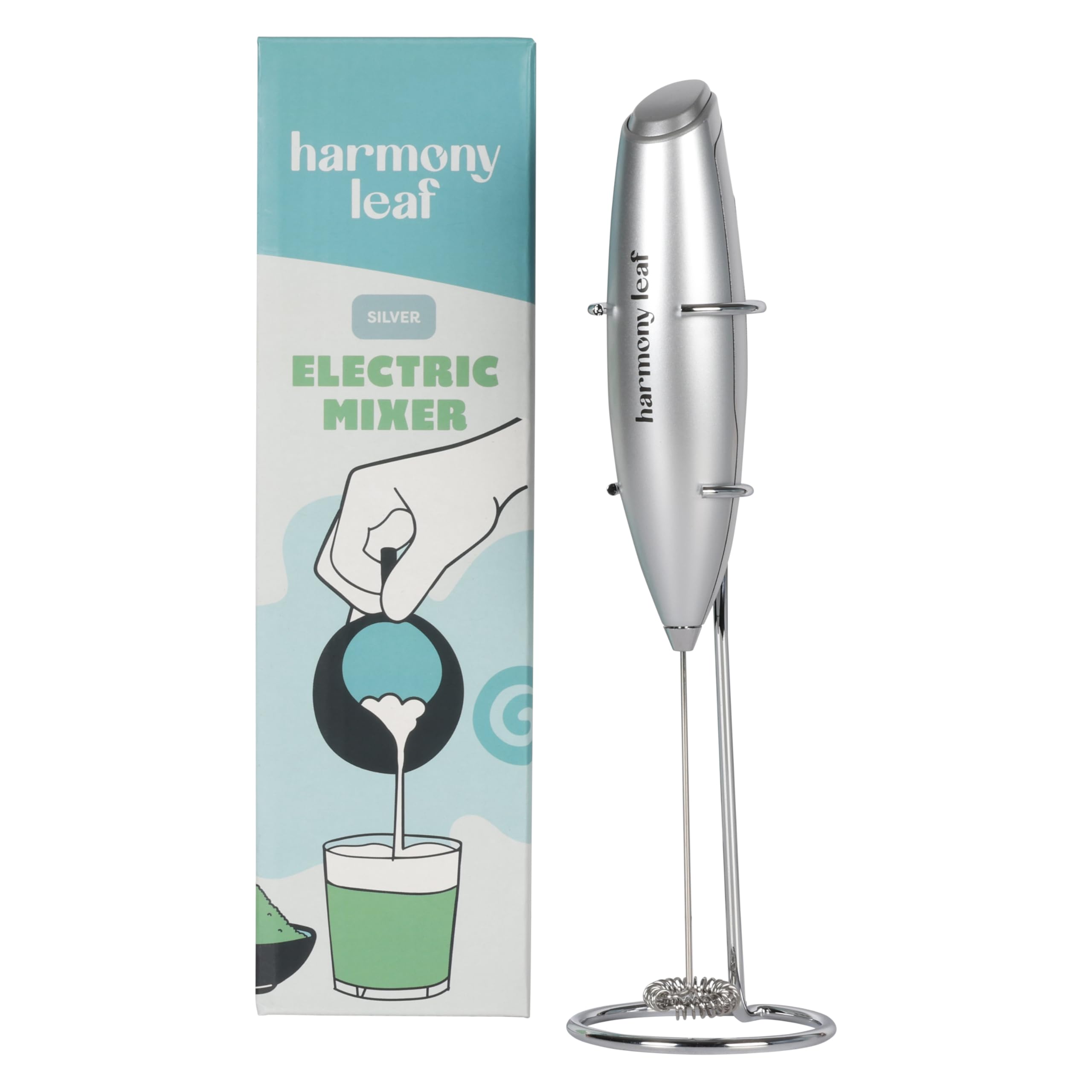 Harmony Leaf Handheld Milk Frother, Stainless Steel Electric Drink Mixer with Stand, Battery Operated Coffee Frother for Lattes, Matcha, Hot Chocolate and More, Silver