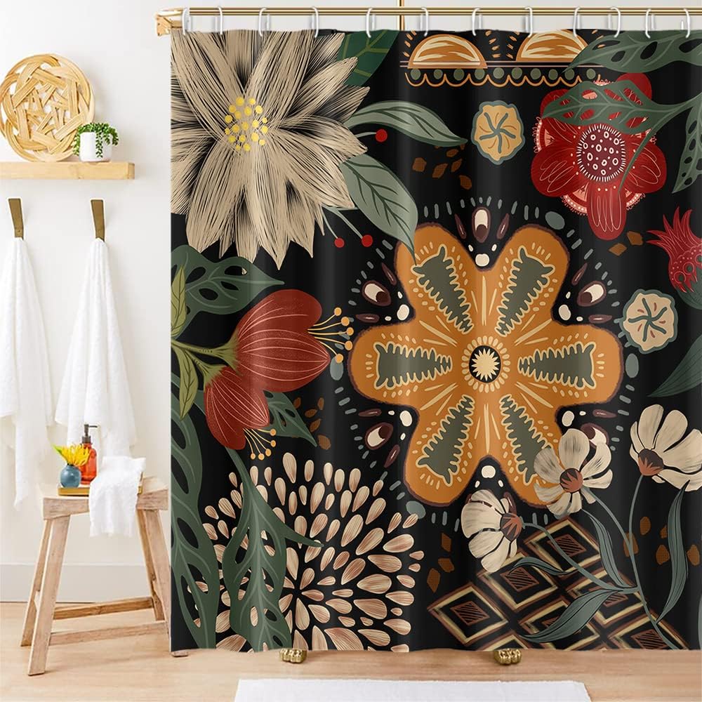 Abstract Bohemian Floral Shower Curtains Vintage Boho Flowers Black Mid Century Shower Curtains for Art Aesthetics Bathroom Decor Waterproof Polyester Fabric Sets with 12 Hooks, 72x78 Inch