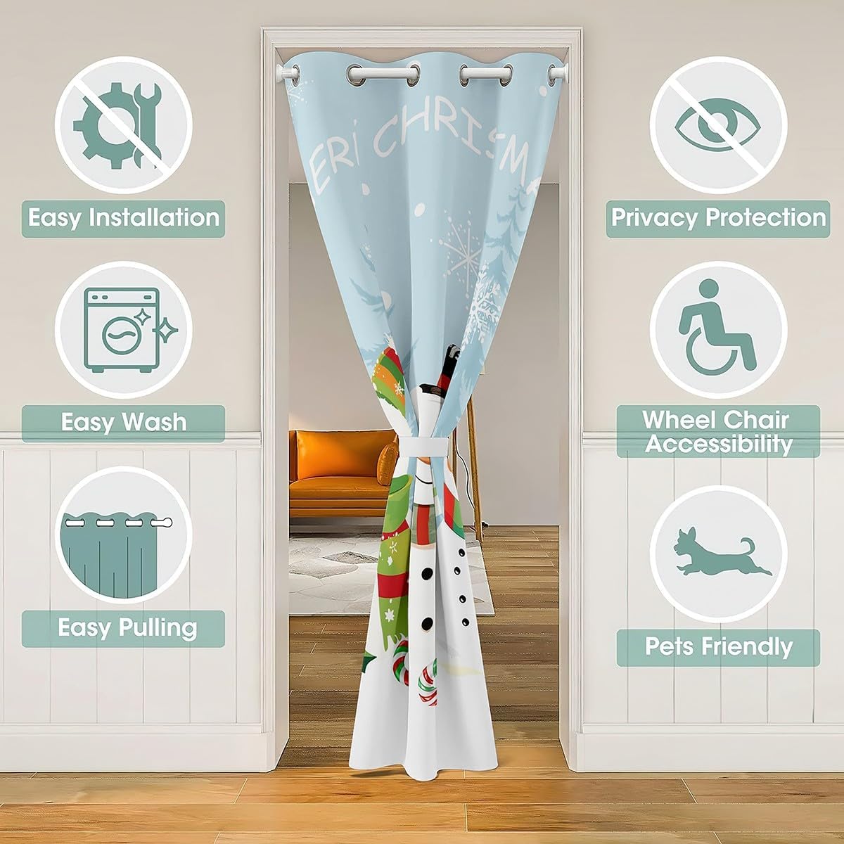 Feelyou Door Curtain for Doorway Window 52" x 80" Christmas Decorations Thermal Insulated Temporary Room Dividers Blue Snowman Closet Cover Happy New Year Bedroom Living Room