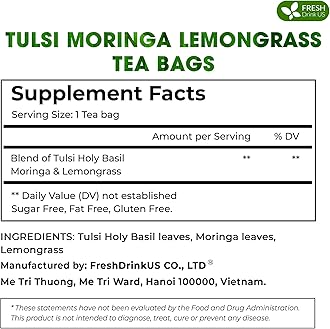 FreshDrinkUS, Premium 75 Tea Bags Tulsi Moringa Lemongrass, 100% Natural & Pure from Tulsi Holy Basil Leaves, Moringa & Lemongrass. Made with Natural Material Tea Bags. No Sugar, No Caffeine, Vegan.