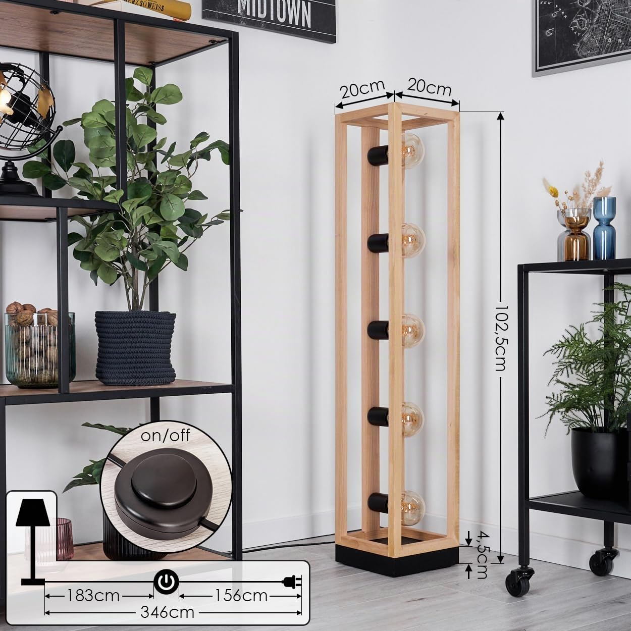 Lámpara de pie HOFSTEIN Ottersta, de madera/metal en colores naturales/negro, lámpara de diseño escandinavo moderno, altura 102,5 cm, con interruptor de pie, 5 luces, 5 x E27, sin bombillas