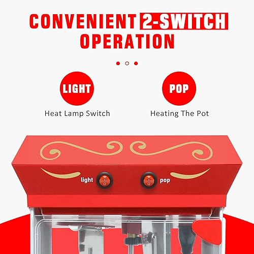 Miniatura 5 de Máquina de palomitas de maíz de 8 onzas con carrito (rojo) – Máquina de palomitas vintage – Control de doble interruptor, hace 20-30 tazas para Rojo
