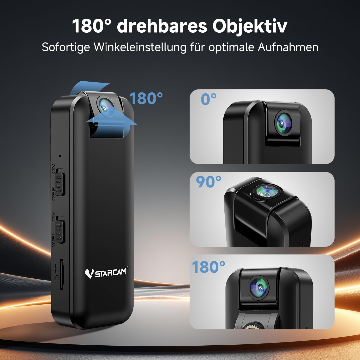VSTARCAM 2K Bodycam Mini mit Tonaufnahme und 64GB Speicherkarte, 180° Drehobjektiv, IR Nachtsicht, 1500mAh Akku, Tragbare Körperkamera für Fahrrad, Vlogging und Meetings