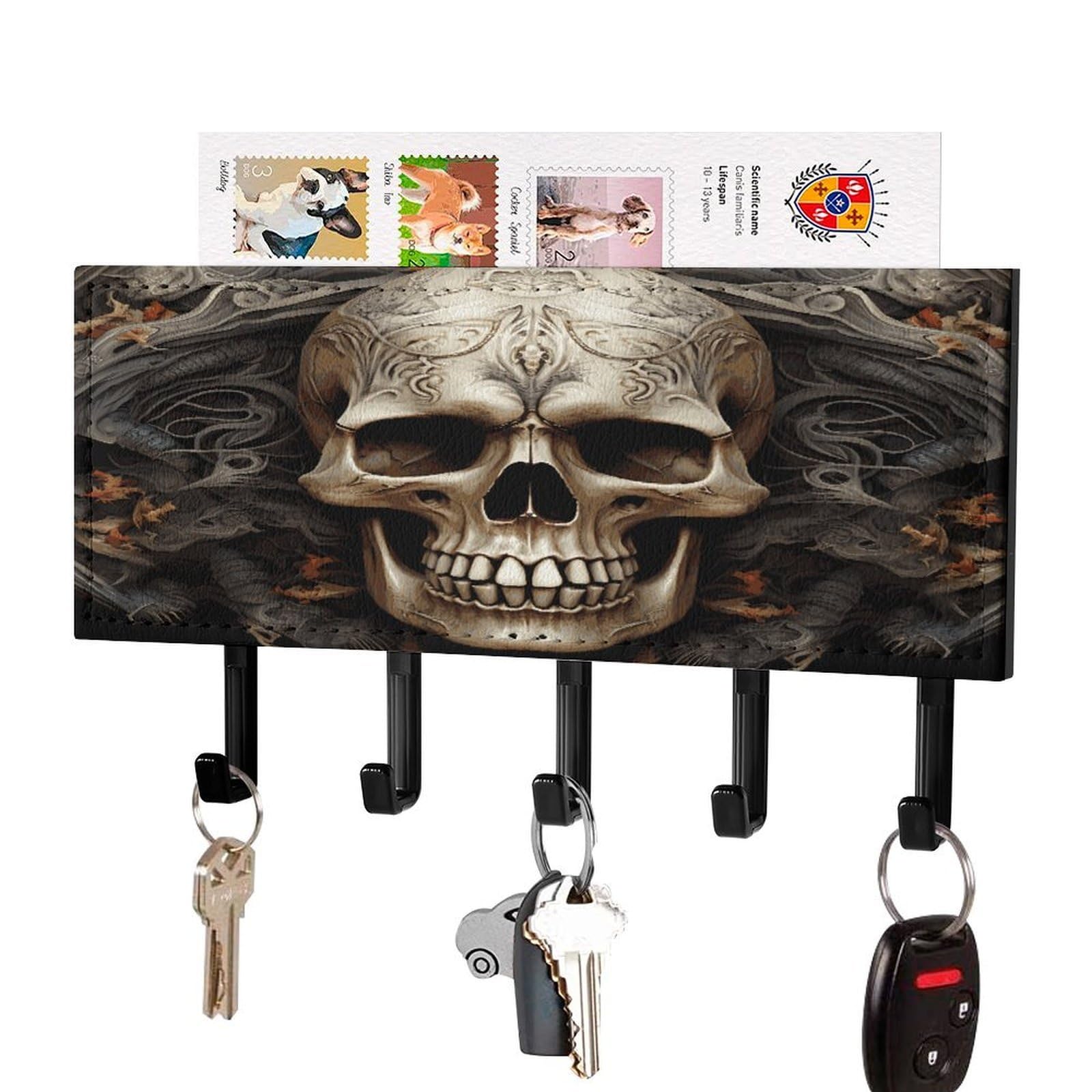 LDGSUPH Skulls Key Holder Wall Mount Key Hanger with 5 Hooks Fashion Key Organizer Rack Hanging Key Hooks with Mail Organizer Key Rack for Home Entryway Hallway Black-Style
