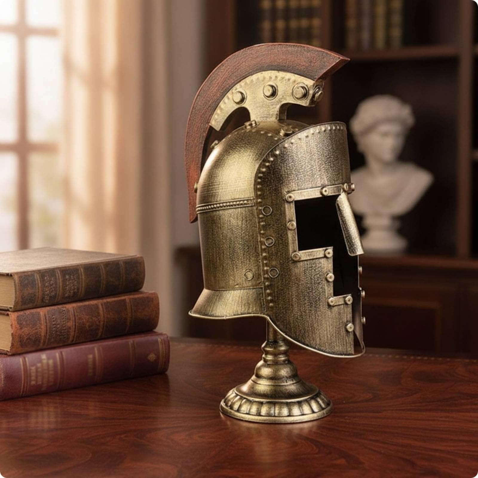 Casco Romano corativo con Envejecido Adorno Casco Romano con Soporte Clásico Figura para Estudio, Oficina, 1911 Dorado, Estilo 1911 Dorado