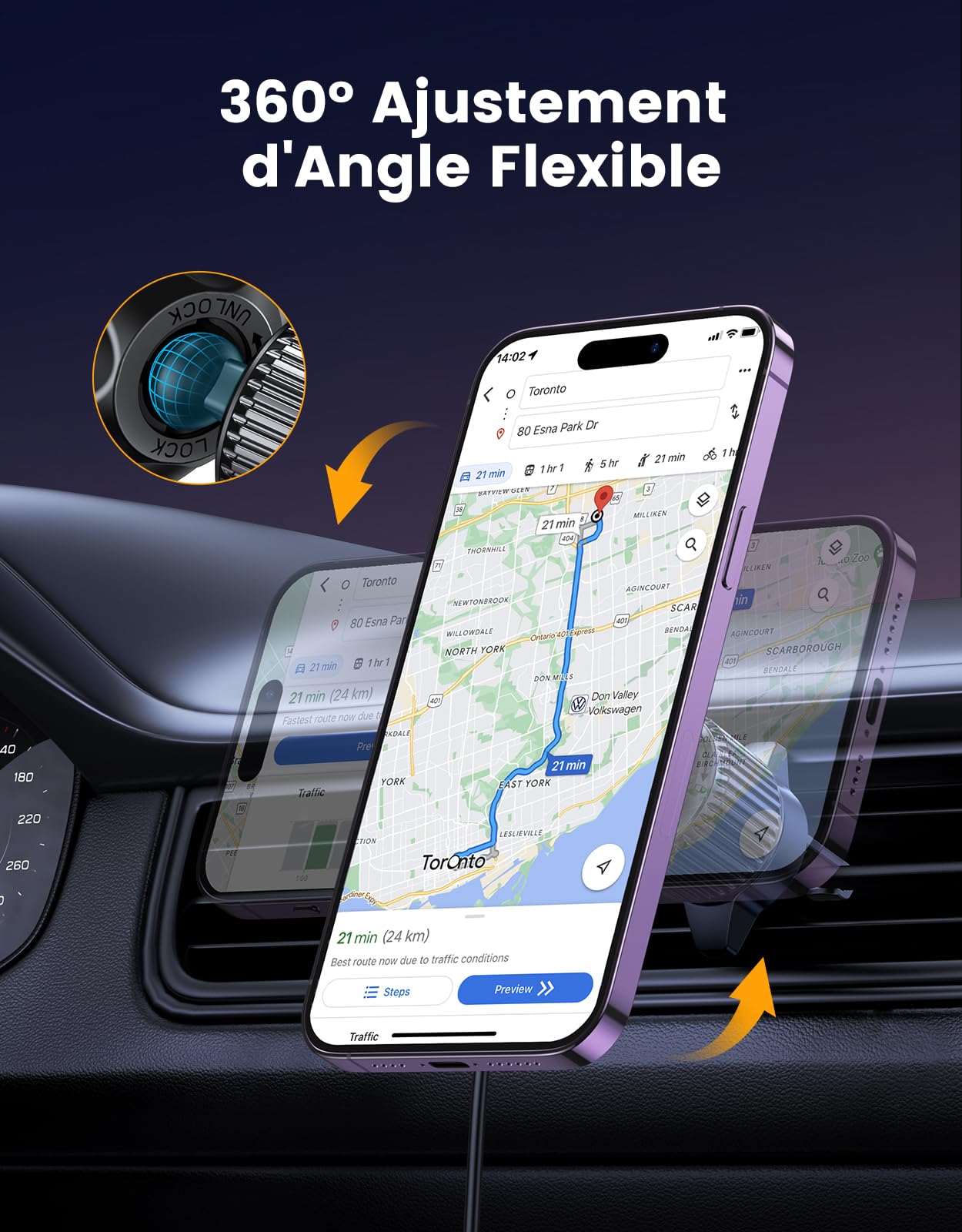 EOIWUY Support Telephone Voiture Induction, 15W Rapide Chargeur Compatible avec Magsafe Voiture, Rotation 360° & Grille d'Aération Chargeur sans Fil Voiture Compatible avec iPhone 17/16/15/14 Series