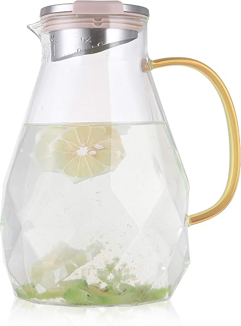 Cedilis 85 Ounces Glass Pitcher with Stainless Steel Lid, Diamond Pattern Water Carafe with Handle, Borosilicate Beverage Pitcher for Homemade Iced Tea, Juice and Cold & Hot Water
