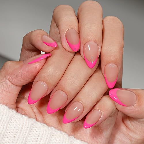 KQueenest Hot Pink French Tip Press On Nails Short Almond,