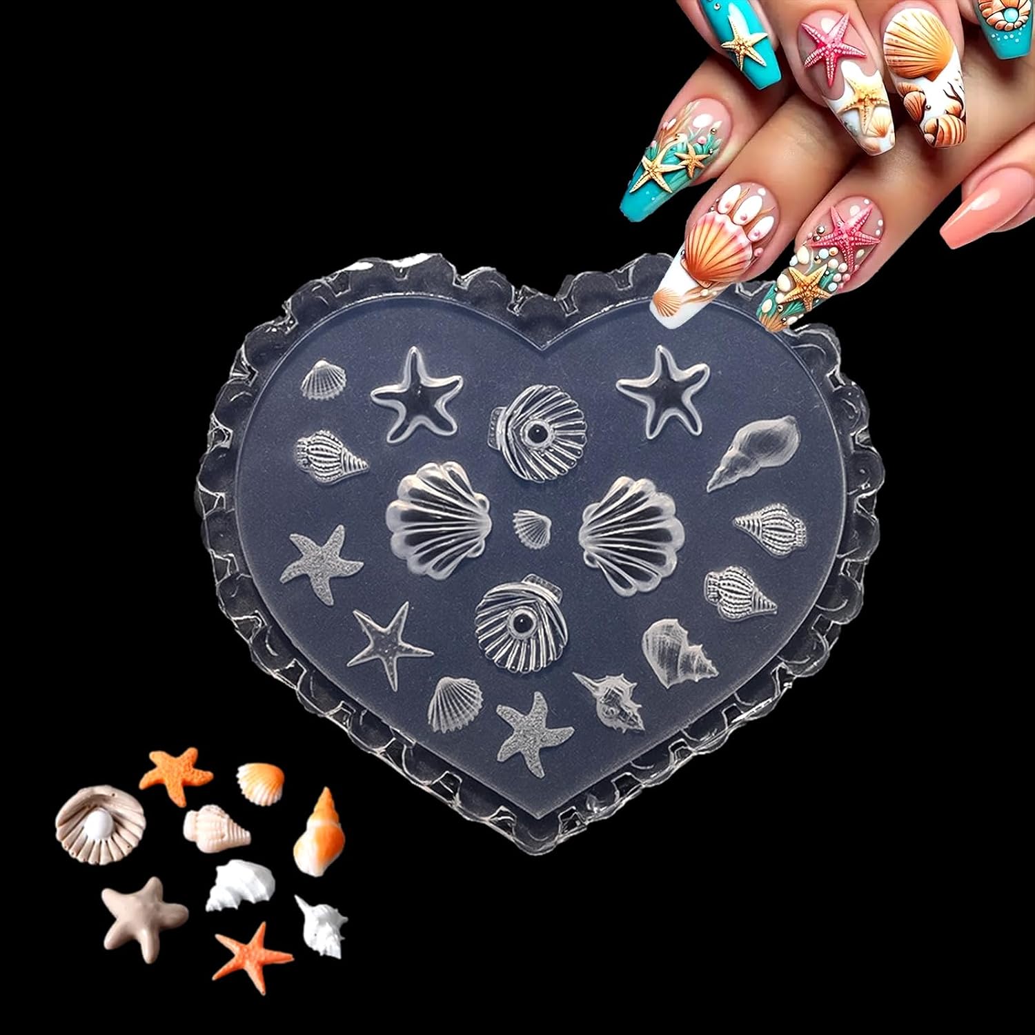 3D Carving Template Ocean Nail Art Mold Summer Marine Starfish Sea Shell Conch Silicone Nail Molds for Charms Carved Stencil Beach Sea Snail Seashell Nail Mold Nails Design Manicure Accessories