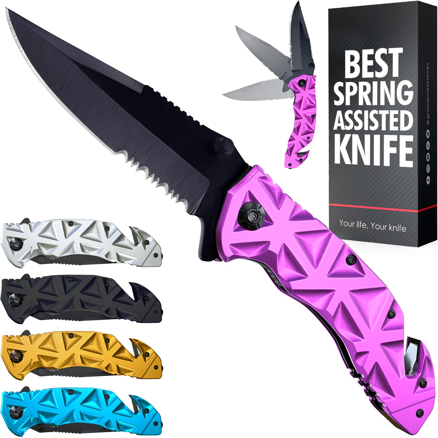 Pocket Knife for Men - 3in1 Multi Tool Knife - Wire Cutter, Glass Breaker, Serrated Sharp 3.5" Blade - Tactical Spring Assisted Folding Knives for Hunting Camping - Best Gift Idea for Men Women HB 207