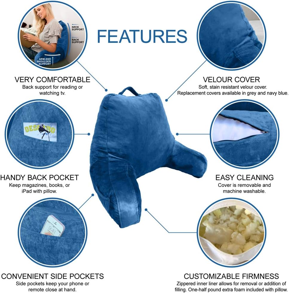 Reading Pillow Bed Wedge Large Adult Backrest Lounge Cushion w/Arms Pockets | Lumbar Back Support for Sitting Up in Bed for GERD Heartburn Stain Resistant Removable Cover w/Extra Fill by ComfortCloud : Home & Kitchen