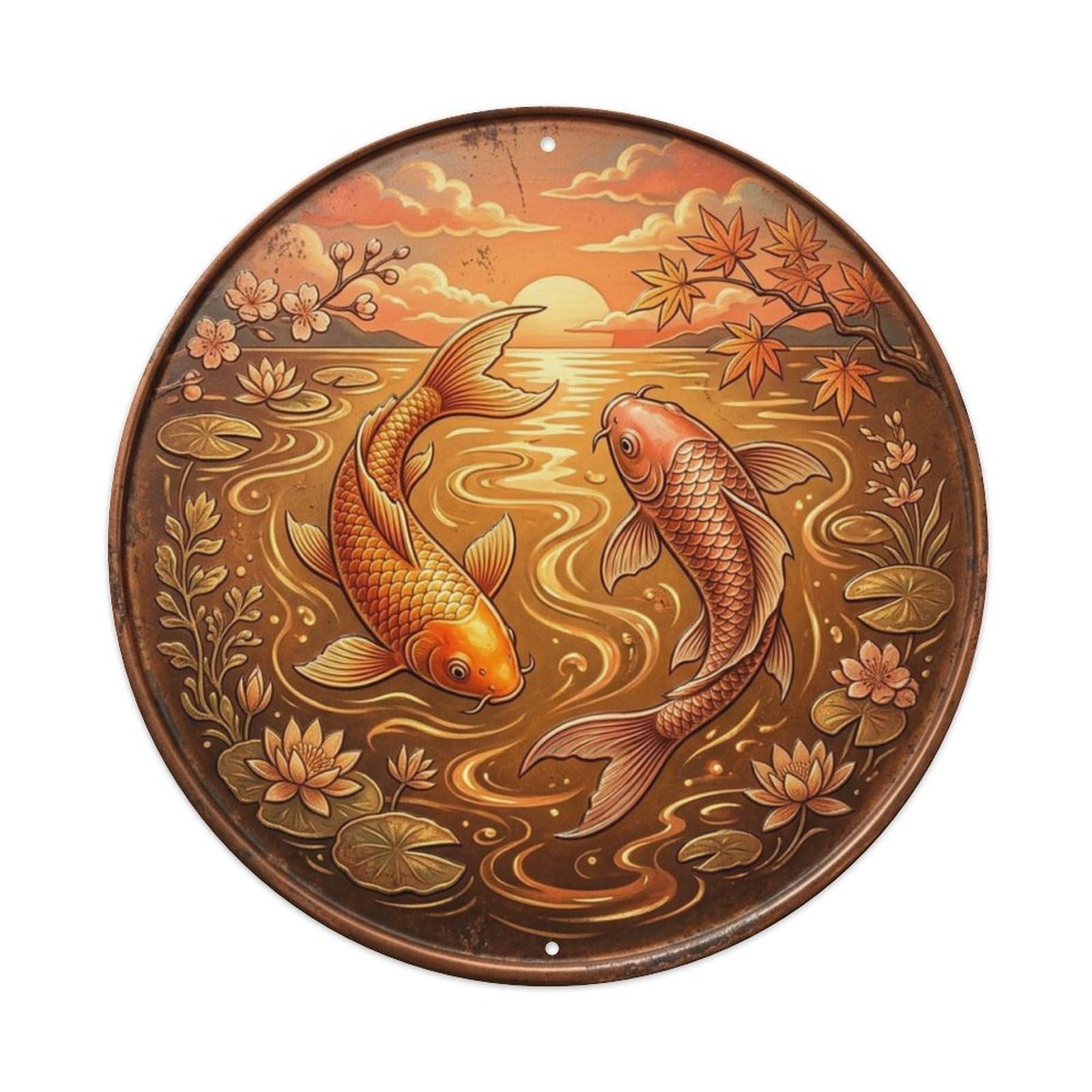 Sunset Glow Patio Koi Fish Metal Tin Sign Plaque Wall Decor for Cafe, Club Bar, Office, Home Garden Round Metal Poster 8x8Inch