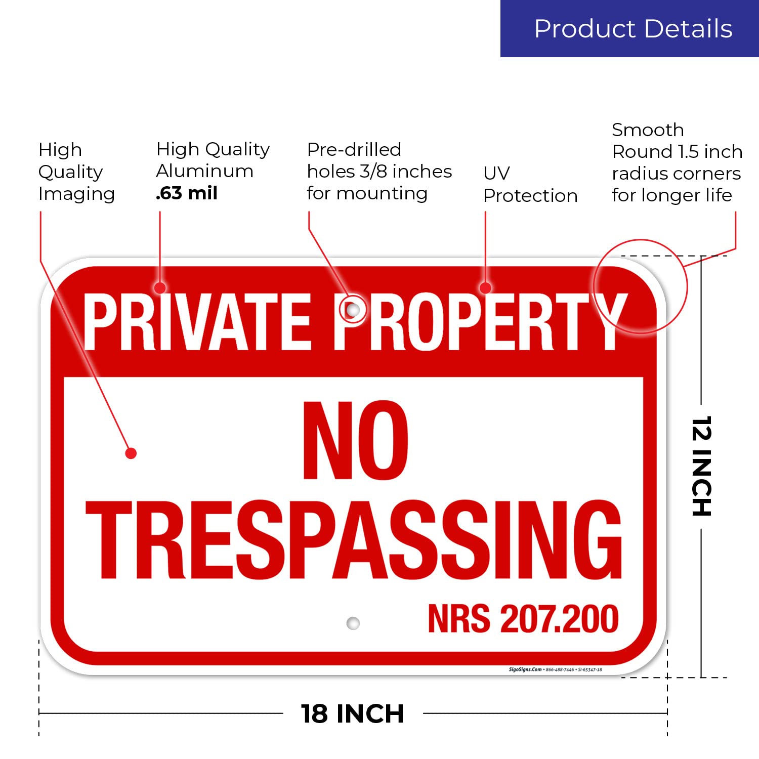 Nevada No Trespassing Private Property Sign, 12x18 Inches, Rust Free .063 Aluminum, Fade Resistant, Made in USA
