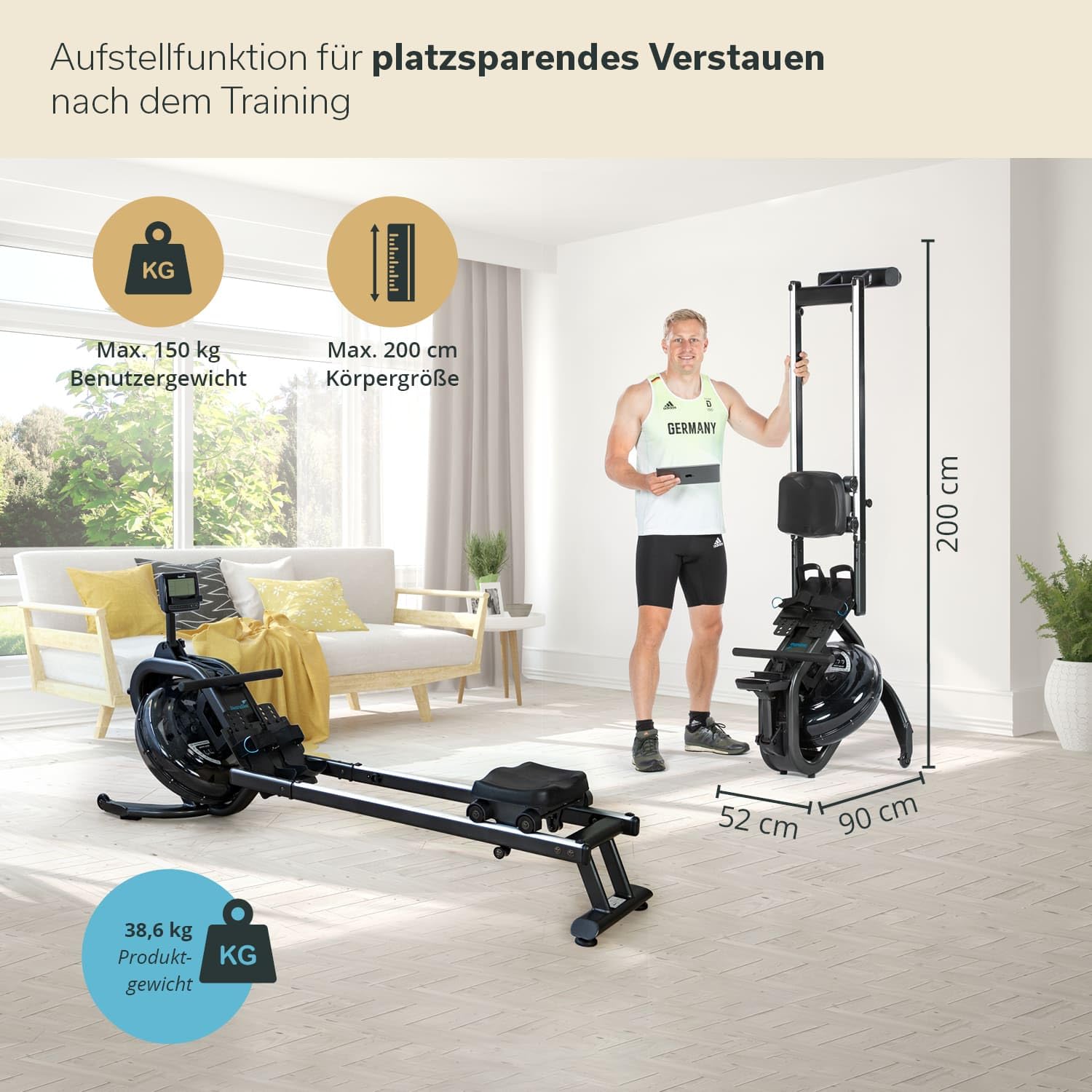 Rameur à Eau Skandika Mora – Résistance Réglable 6 Niveaux, Bluetooth, Compatible Kinomap, Console LCD, Design Noir Mat