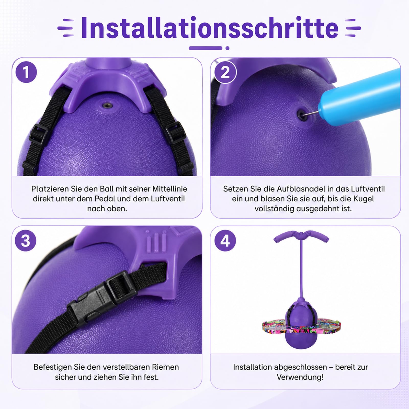 Balance hüpfball, Pogo Sprungball, Pogo Stick für Kinder, Pogo Ball mit Griffen, 90kg Tragkraft, zur Gleichgewichtstraining, Gewichtsreduktion und Fettverbrennung, Geeignet für Kinder (Lila)