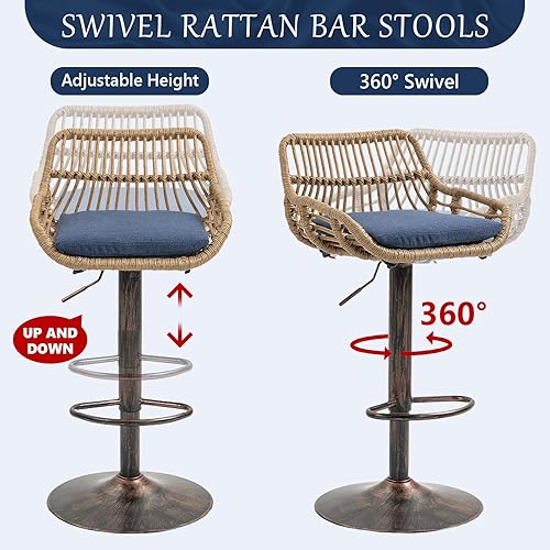 Miniatura 3 de Taburetes de bar modernos de ratán, taburetes de bar de lino para comedor, sillas de bar de cocina con asa y reposapiés, taburetes de pub con base