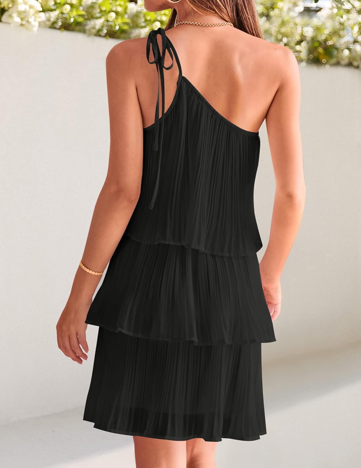 ZESICA Women's Boho Summer One Shoulder Sleeveless Ruffle Tiered Layered Chiffon Pleated A Line Flowy Mini Dress - Image 4