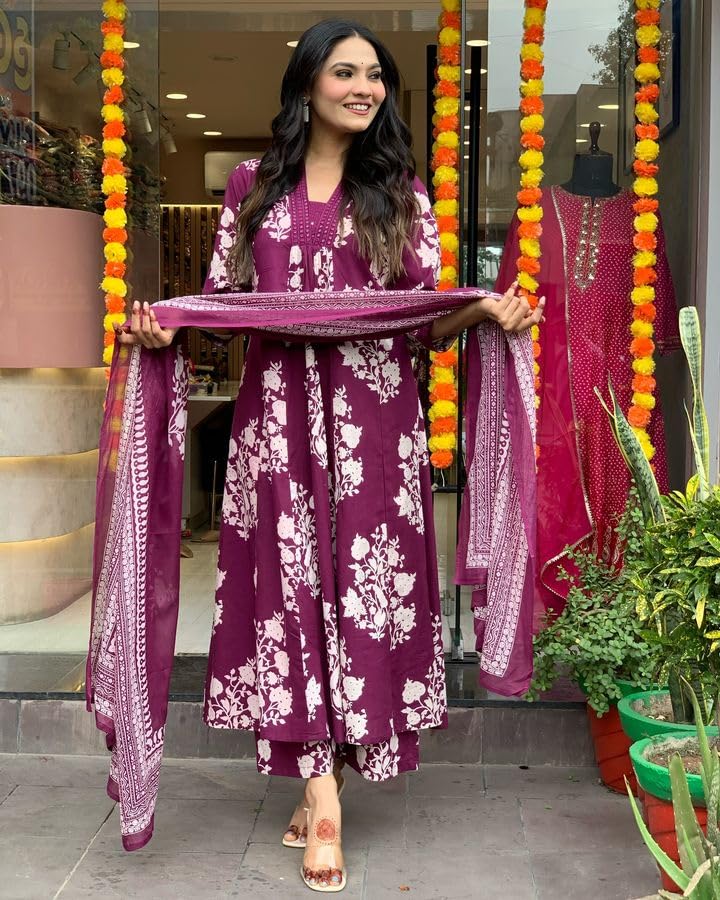 Toochki Women's Printed With Embroidered Anarkali Kurta And Pant Set With Dupatta