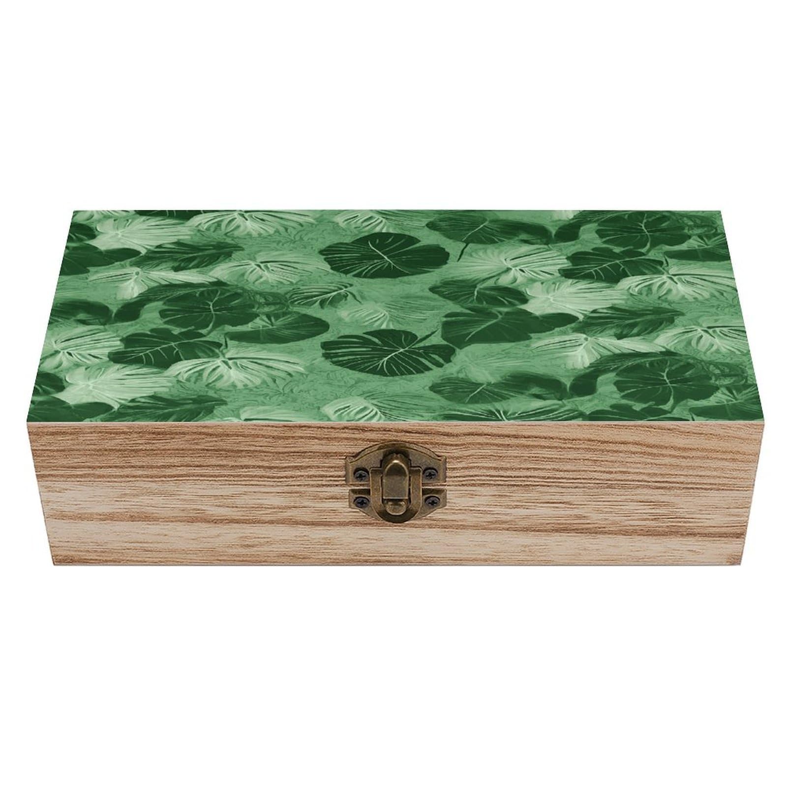 Btcowzrv Style Green Tropical Leaves Wooden Storage Box, Keepsake Box With Hinged And Retro Lock, Wood Jewelry Organizer For Photos & Mementos And Home Decor