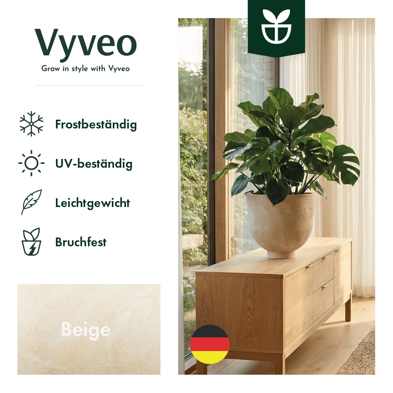 Blumentopf Orb - 42x39 - Beige (Retro) - Blumentopf für den Innen- und Außeneinsatz - Übertopf - Pflanztopf - Pflanzgefäß