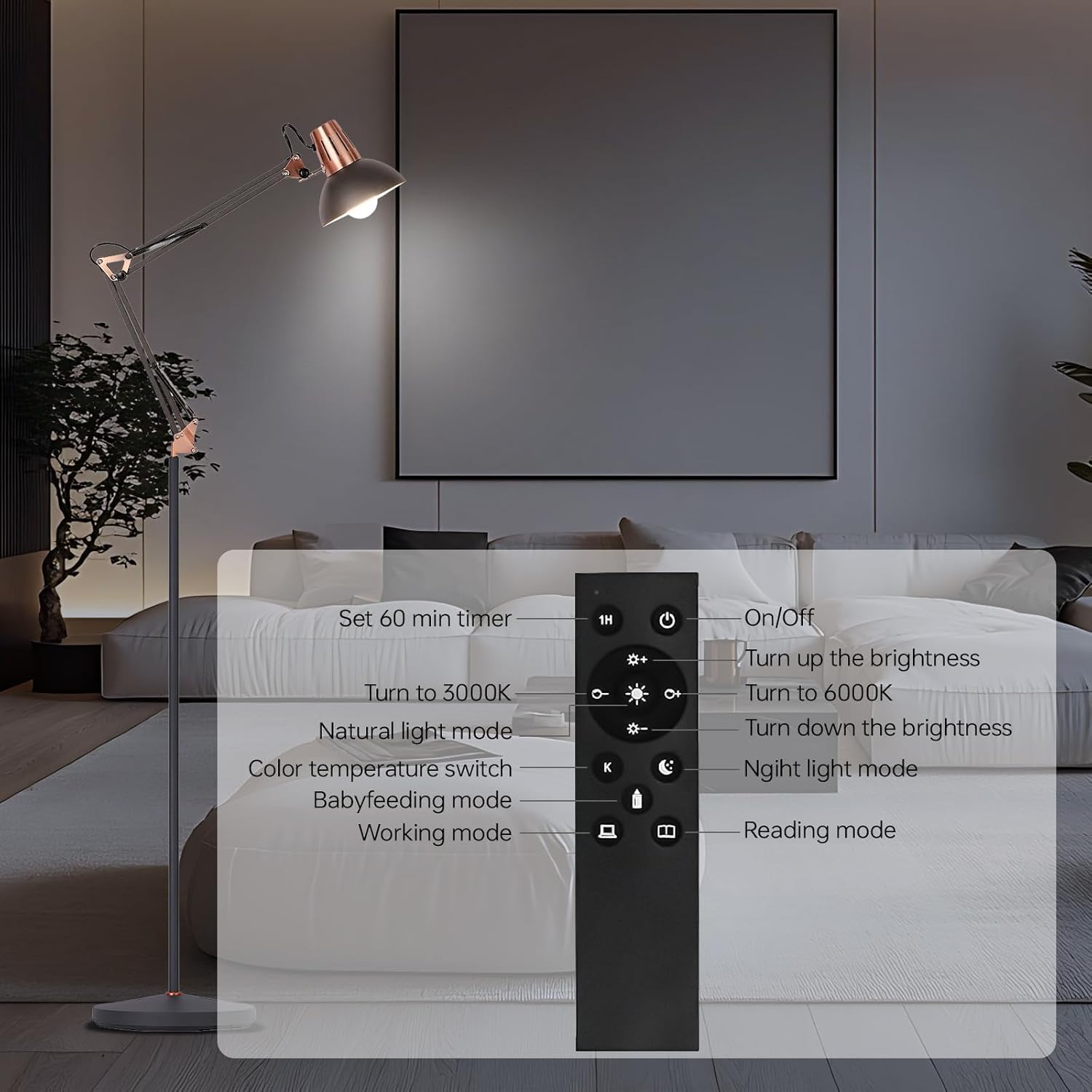 FIRVRE LED Floor Lamp with Remote Control, Dimmable Industrial Floor Light, 3 Usage Modes - Floors Lamp, Table Lamp and Clip Lamp,Pole Lamp for Living Room, Bedroom, Office (LED Bulb Included)