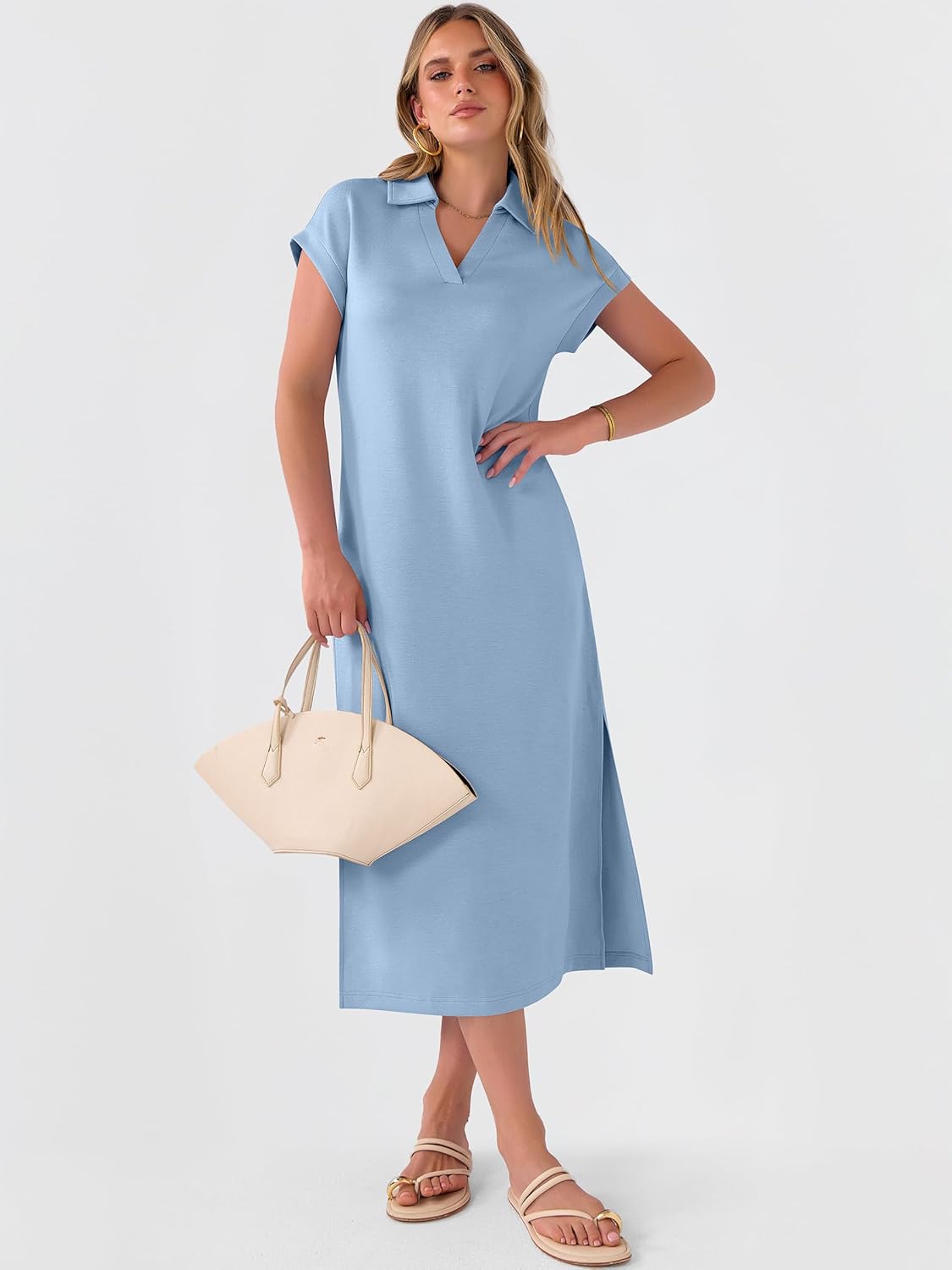 ANRABESS Womens Summer Casual Midi Dresses Short Sleeve Polo V Neck Loose Split Wrinkle-Free Beach Vacation Tshirt Maxi Dress - Image 7