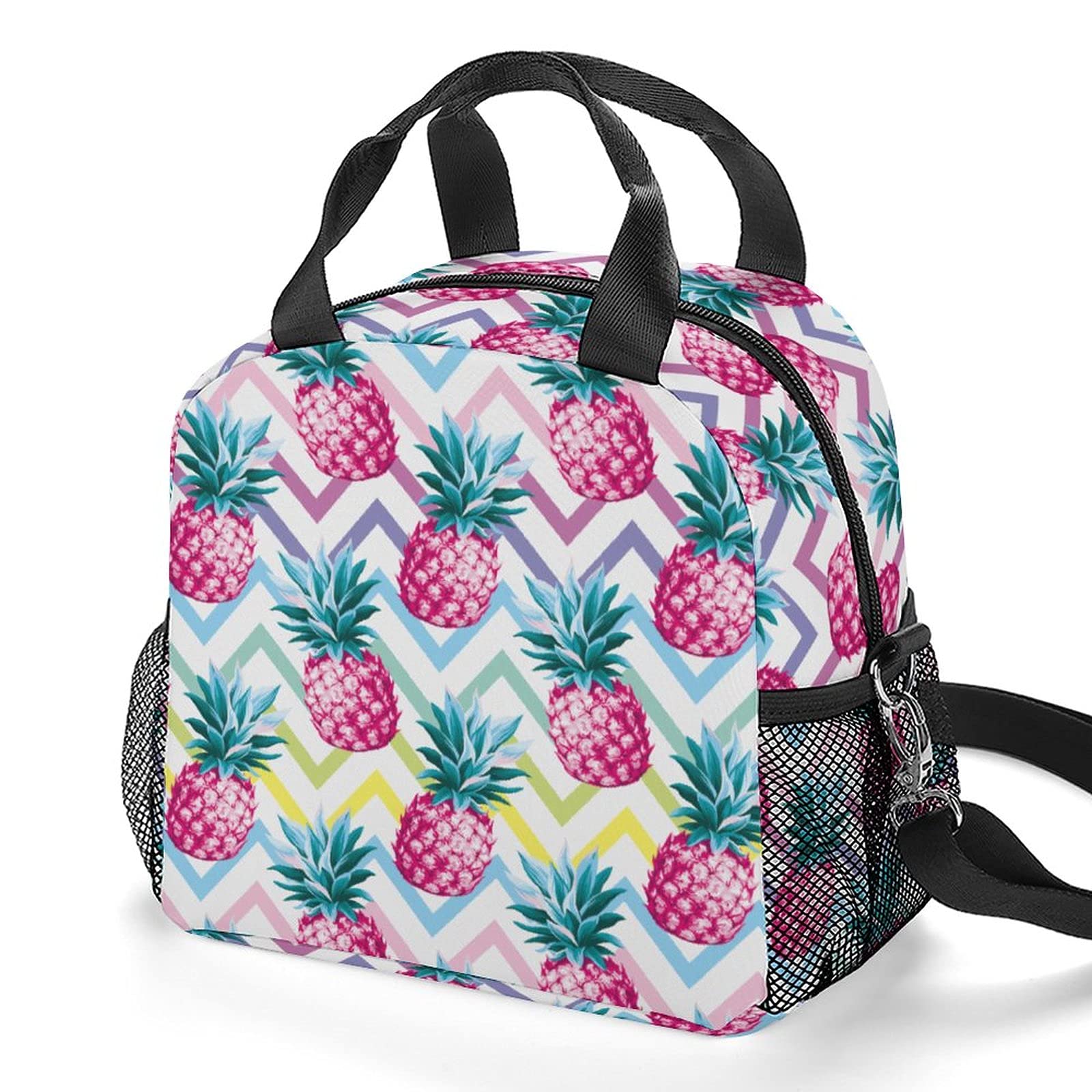 Reusable Insulated Lunch Bag with Adjustable Shoulder Strap, Leakproof Cooler Lunch Box Meal Prep Organizer Tote Bag Freezable for Women & Men, Office Work Outdoor (Pink Pineapple)