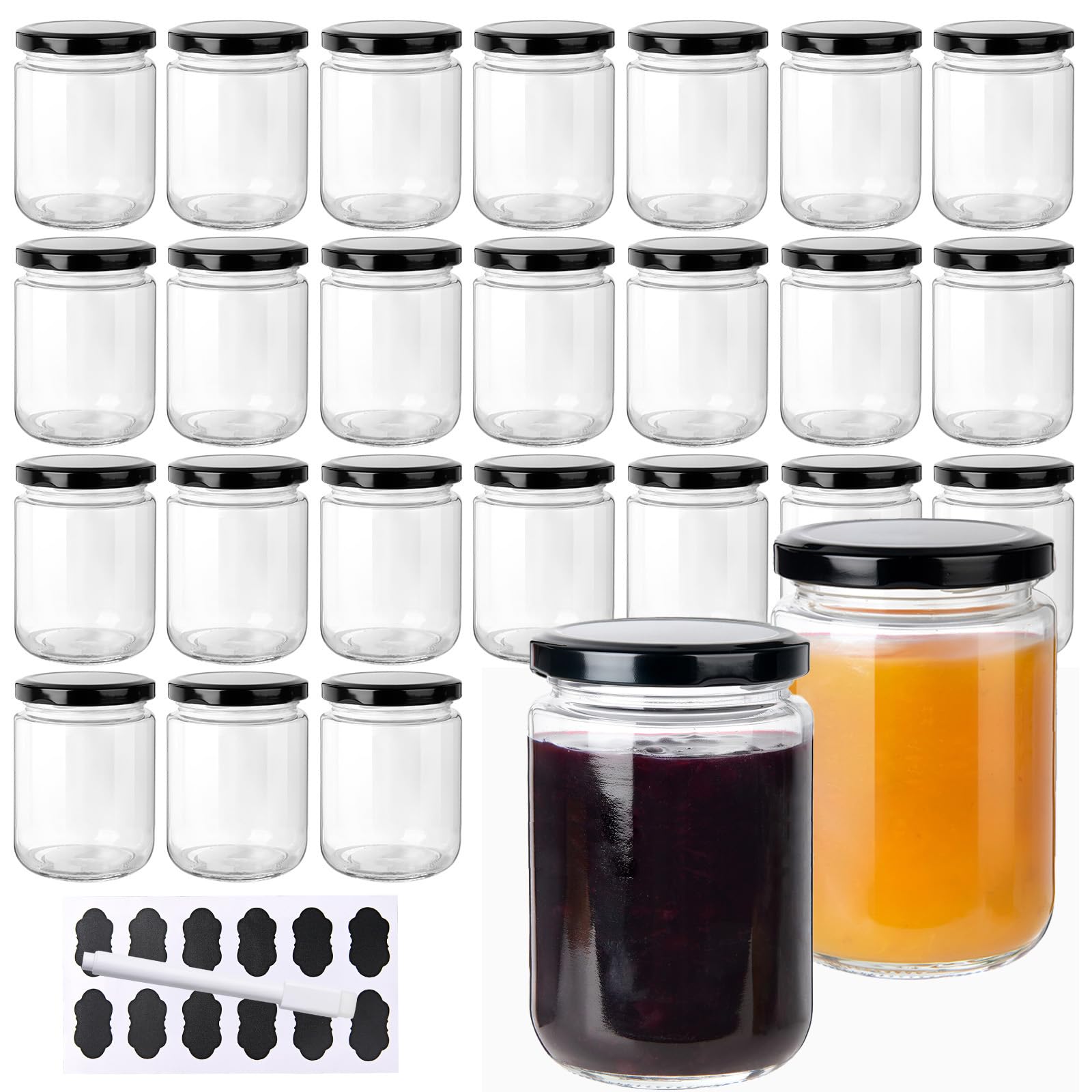 YBCPACK Marmeladengläser aus Glas mit Deckel, 350 ml, klare Chutney-Gläser, 340 ml, Einmachgläser für Gelee, Gurken, Honig, 24 Stück