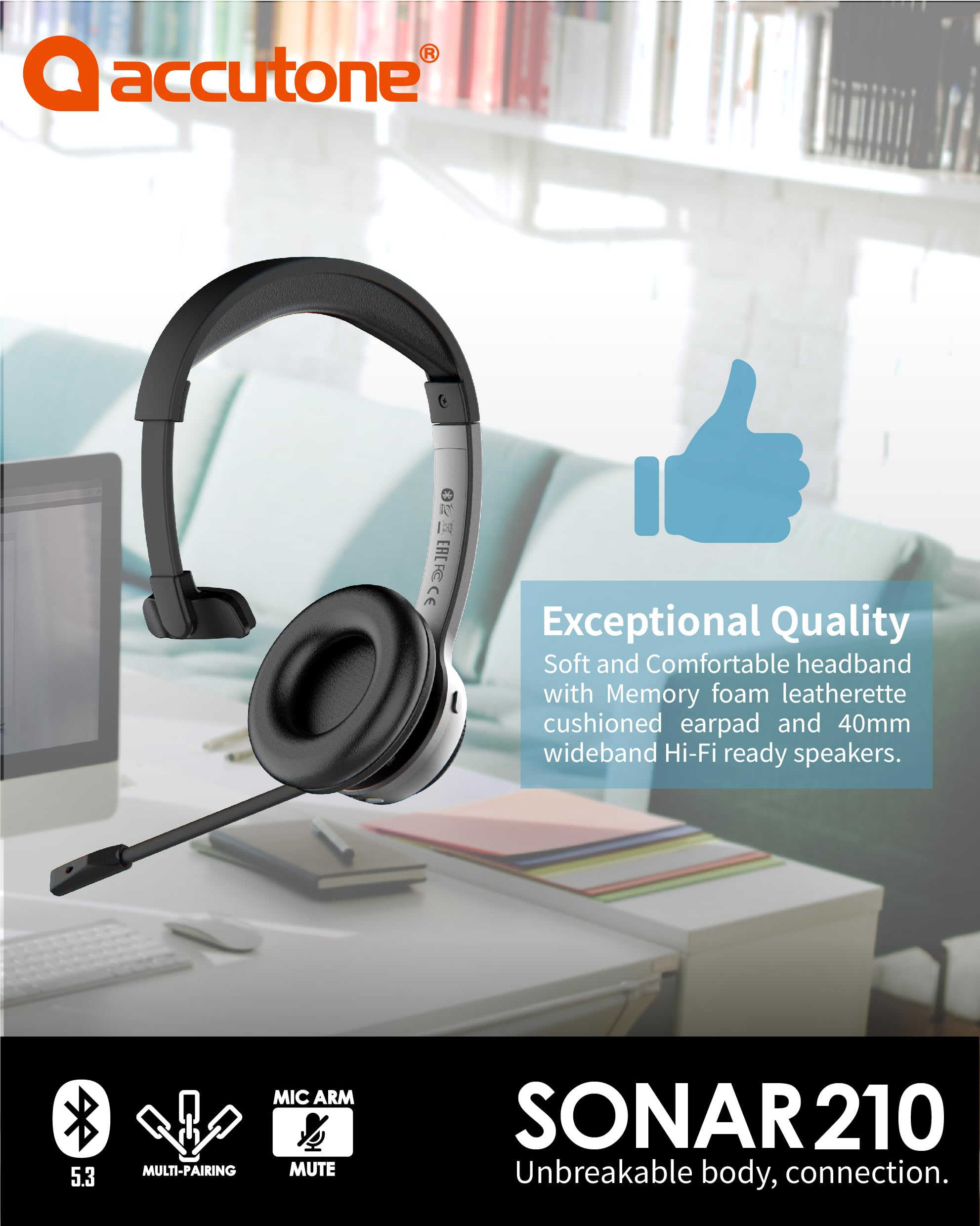 ACCUTONE Sonar 210 Mono Casque Bluetooth avec micro NC, batterie longue durée pour PC/Mac et téléphones portables, fonctionne avec MS Teams/Skype/Zoom