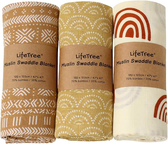 LifeTree 3 Pack Baby Muslin Cloths - Soft Baby Muslin Swaddle Blankets for Boys & Girls - Bamboo Cotton Large Muslin Cloths for Baby 120x120 cm